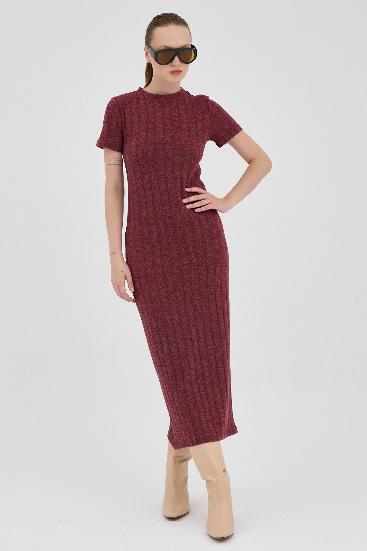 Bordo Kısa Kol Fitilli Dar Elbise 8131A - 3