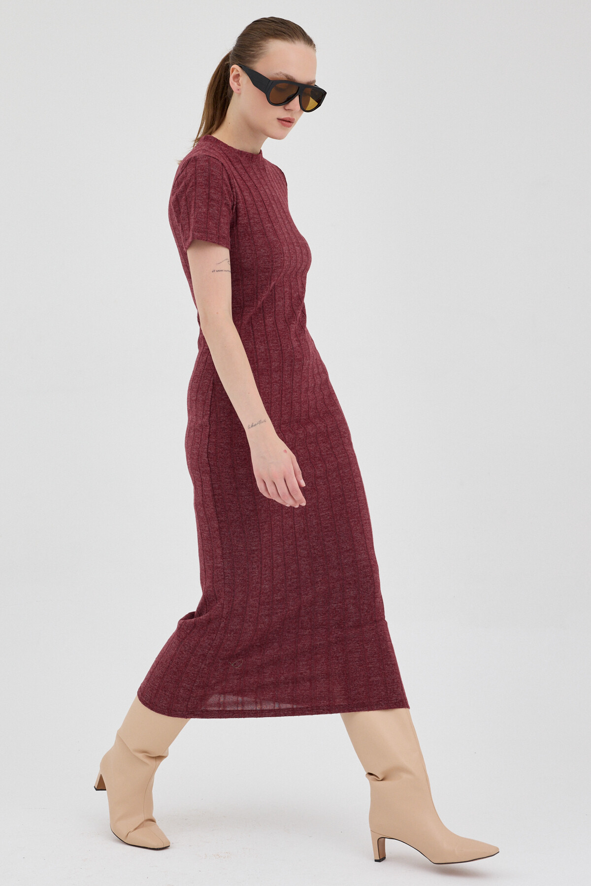 Bordo Kısa Kol Fitilli Dar Elbise 8131A - RAYS