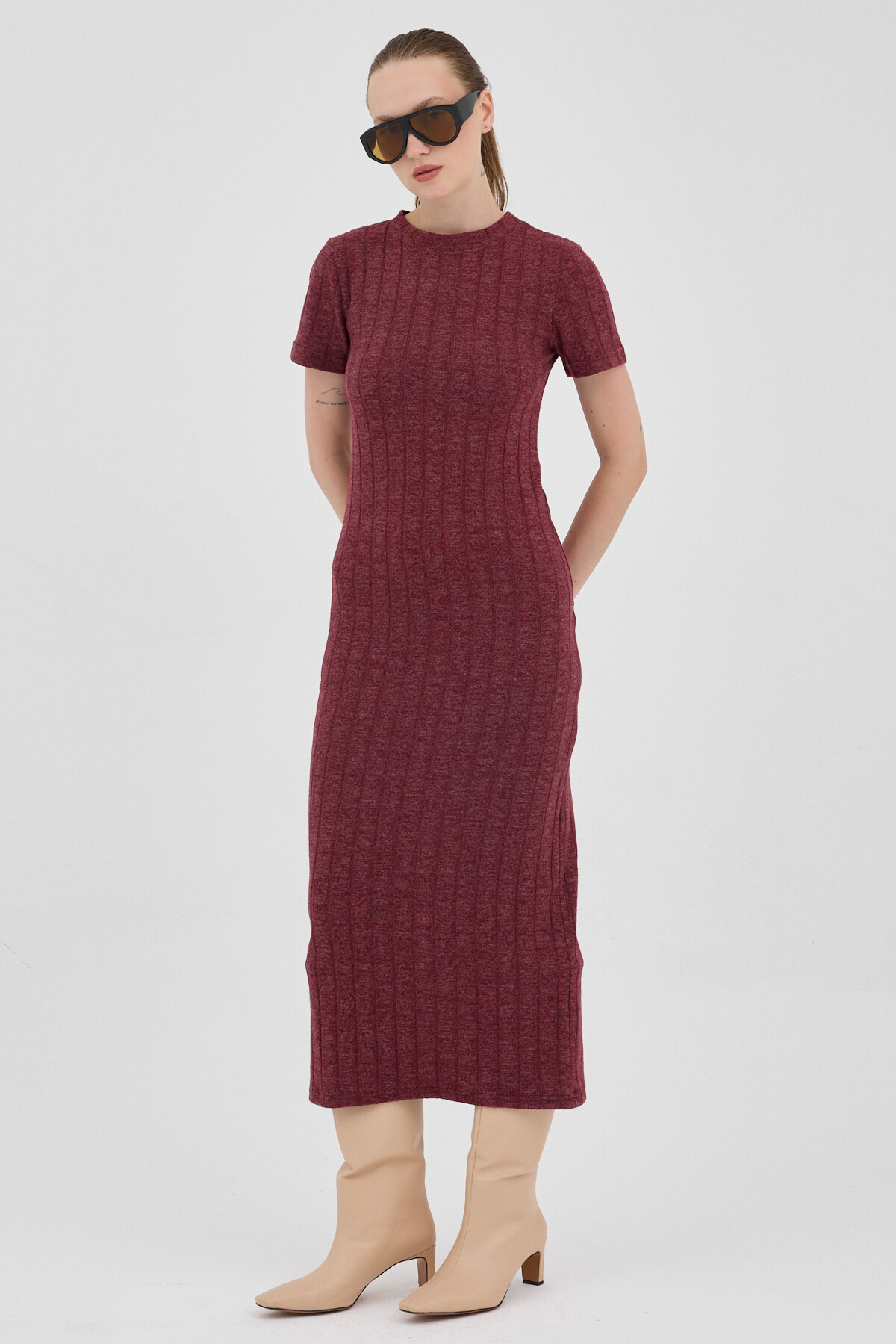 Bordo Kısa Kol Fitilli Dar Elbise 8131A - RAYS