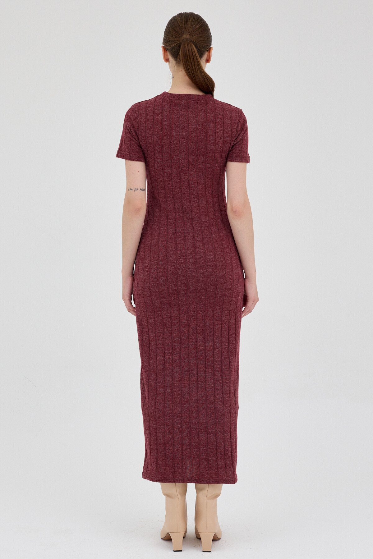 Bordo Kısa Kol Fitilli Dar Elbise 8131A - 5