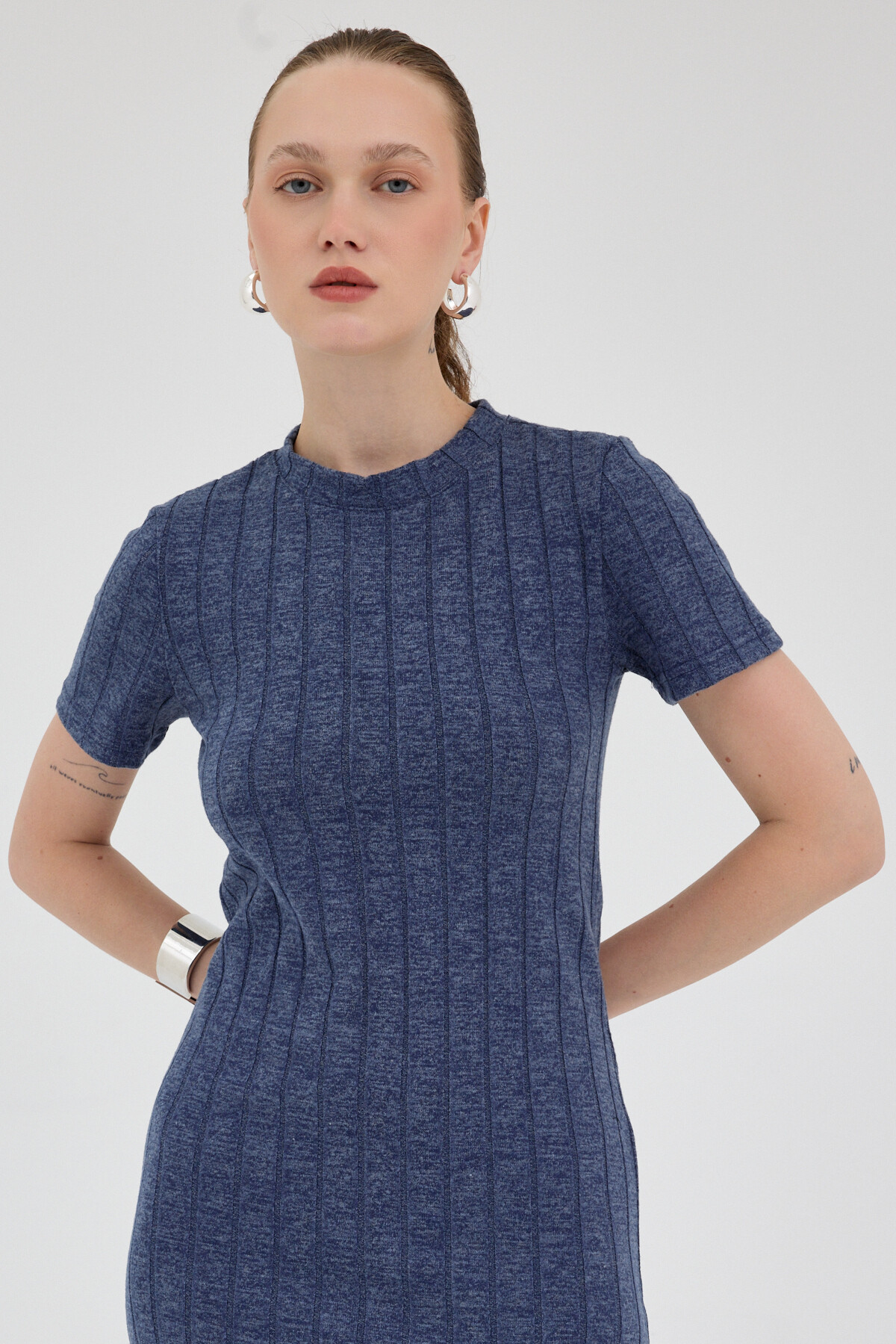 İndigo Fitilli Midi Triko Elbise 8131A - RAYS