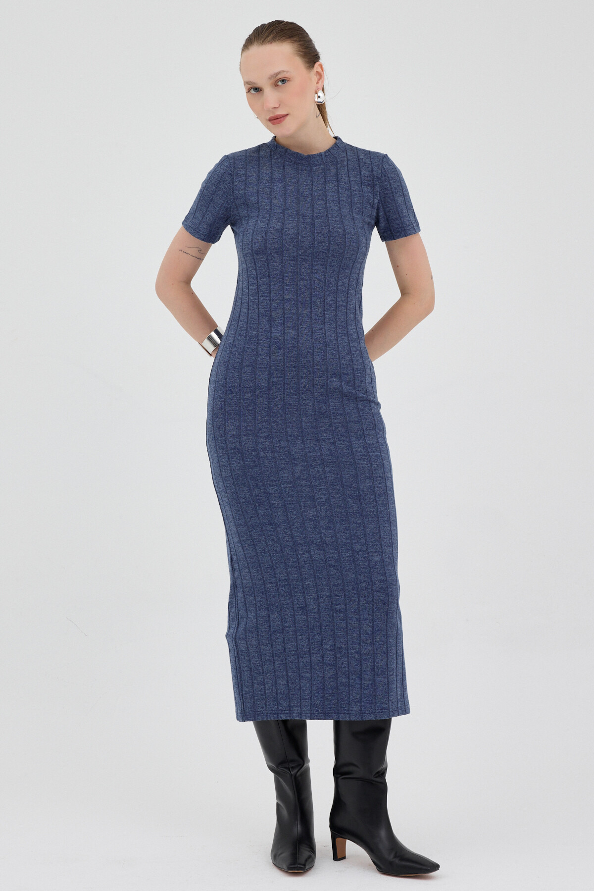 İndigo Fitilli Midi Triko Elbise 8131A - 2