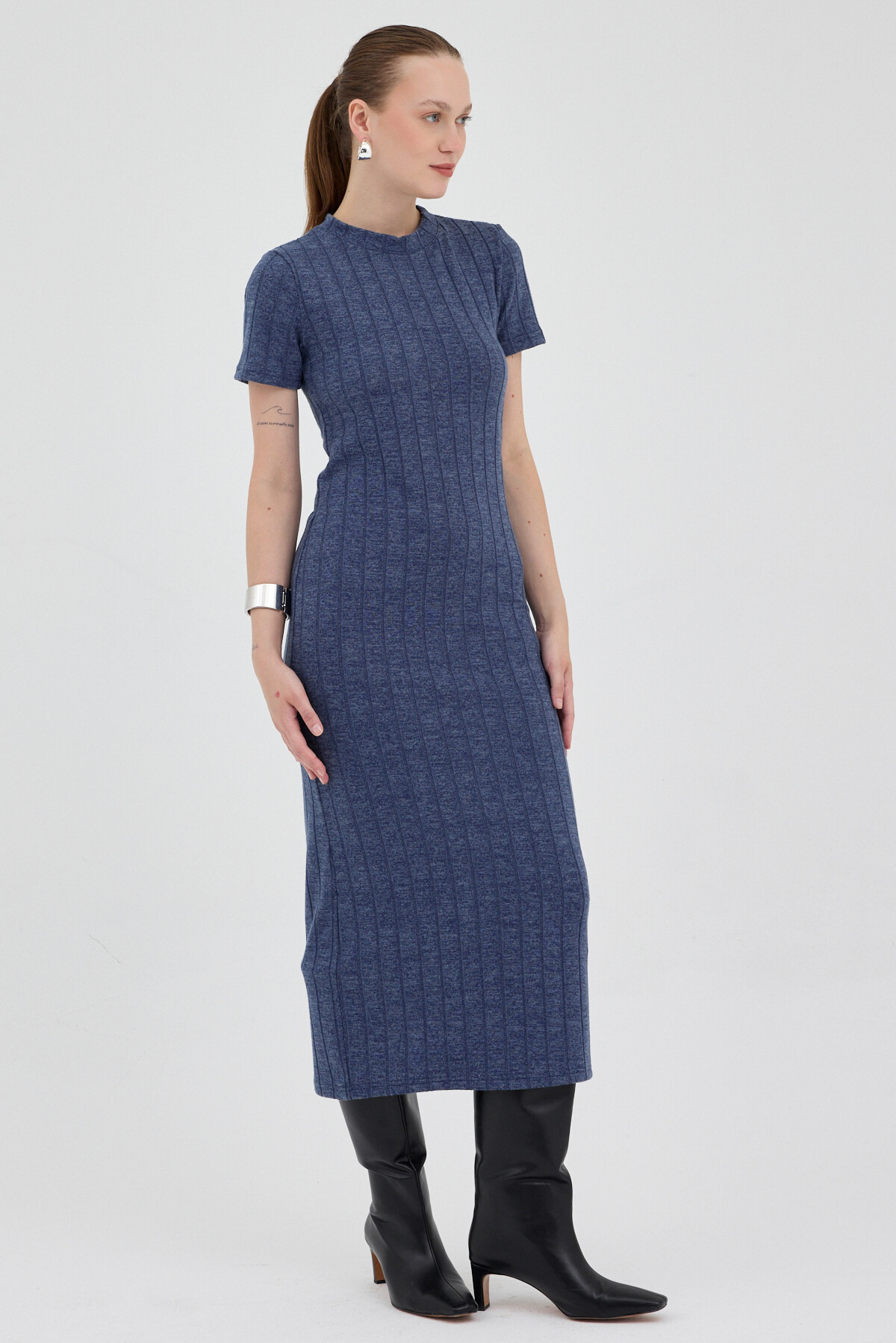 İndigo Fitilli Midi Triko Elbise 8131A - 3