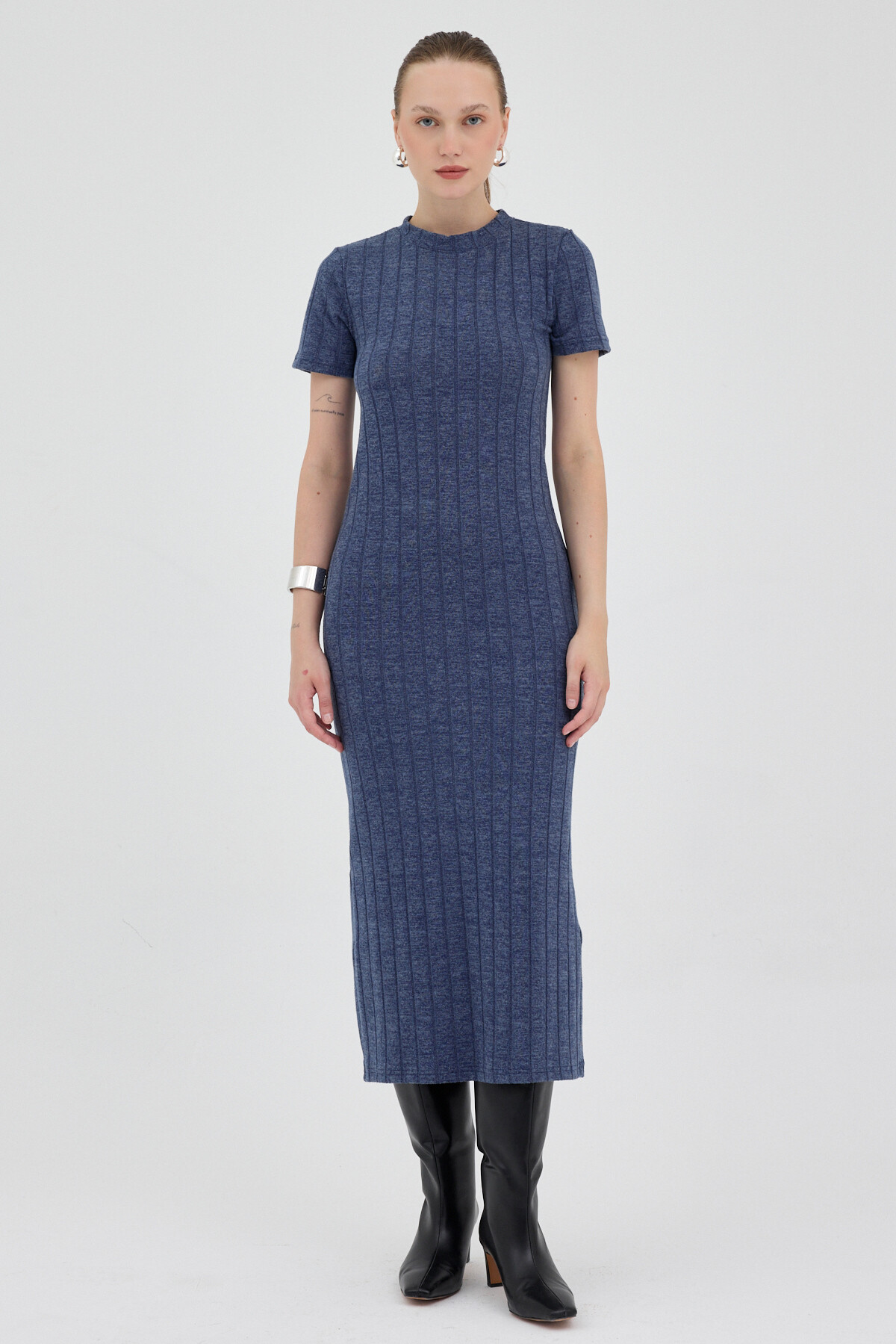 İndigo Kısa Kol Fitilli Dar Elbise 8131A - 1