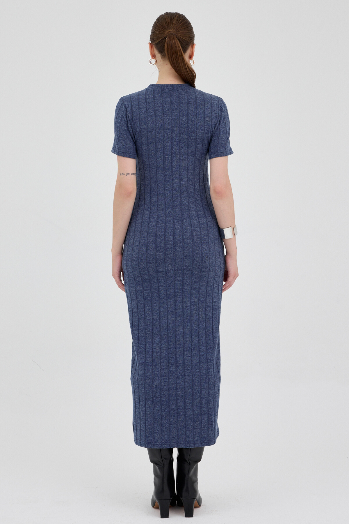 İndigo Kısa Kol Fitilli Dar Elbise 8131A - 5