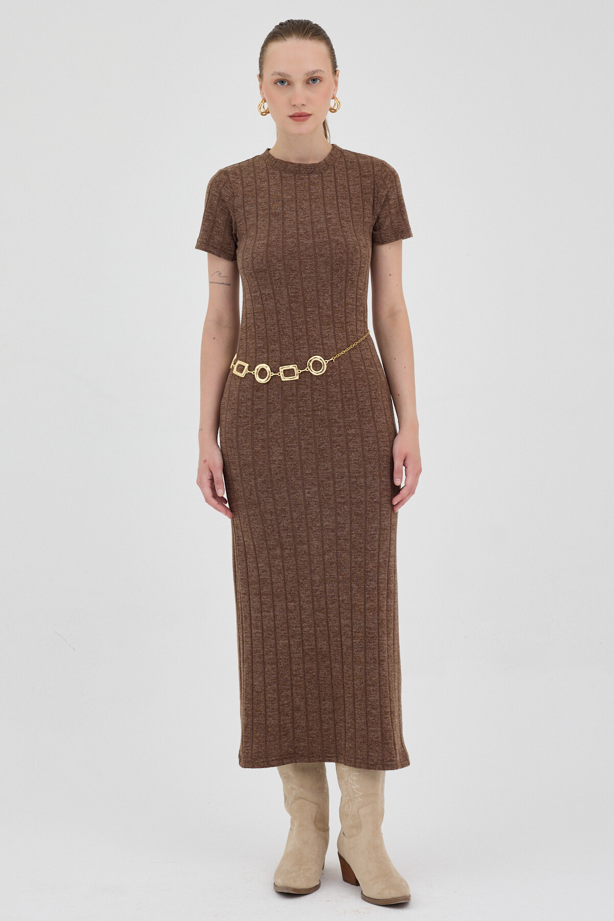 Kahve Fitilli Midi Triko Elbise 8131A 