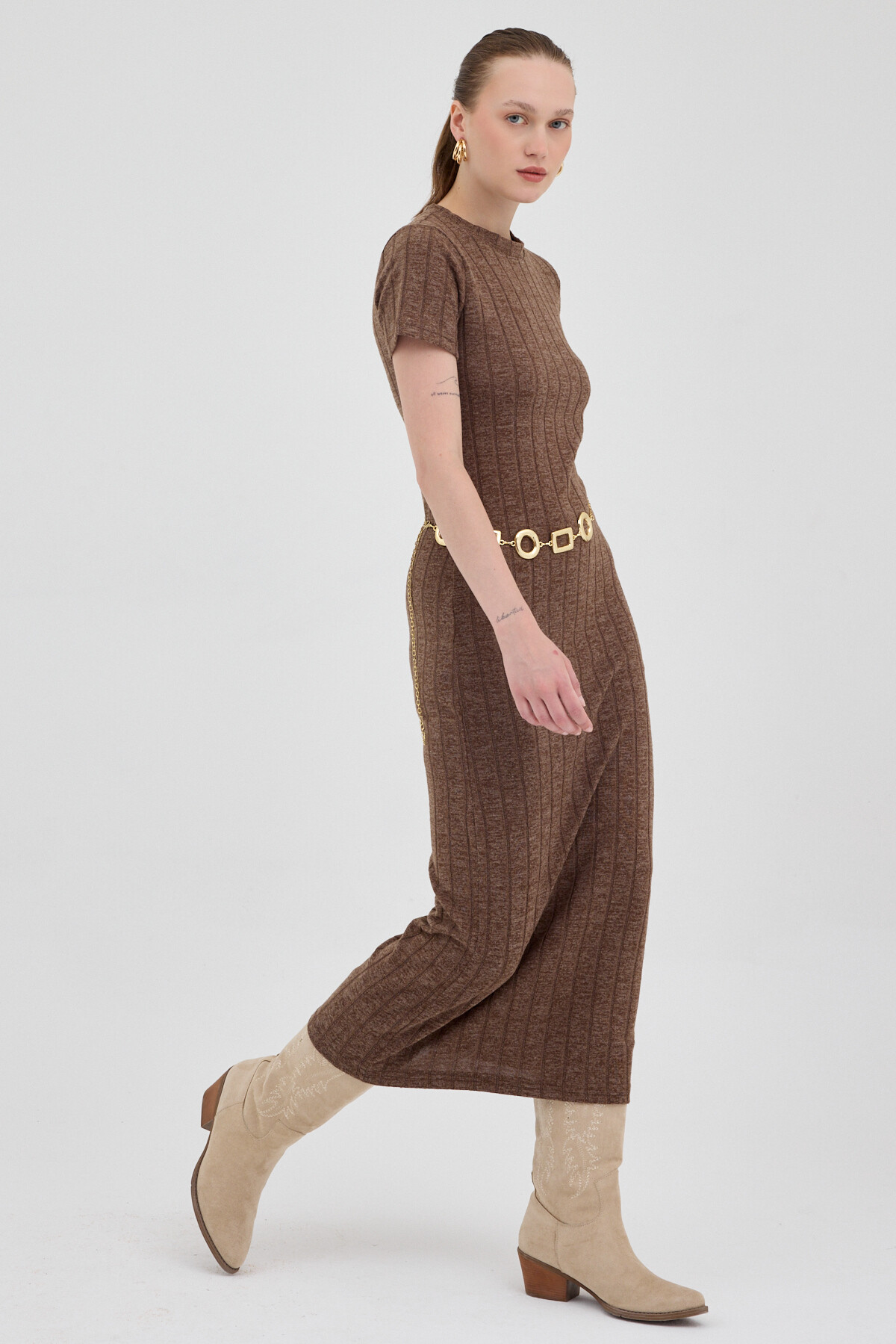 Kahve Fitilli Midi Triko Elbise 8131A - RAYS