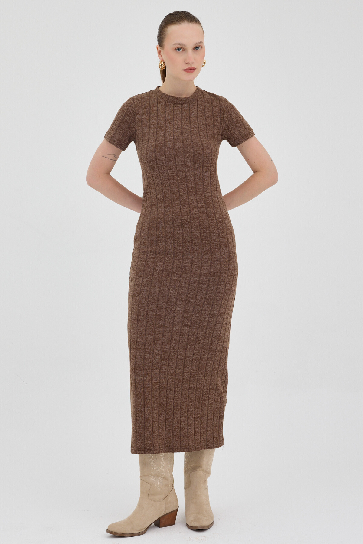 Kahve Fitilli Midi Triko Elbise 8131A - RAYS