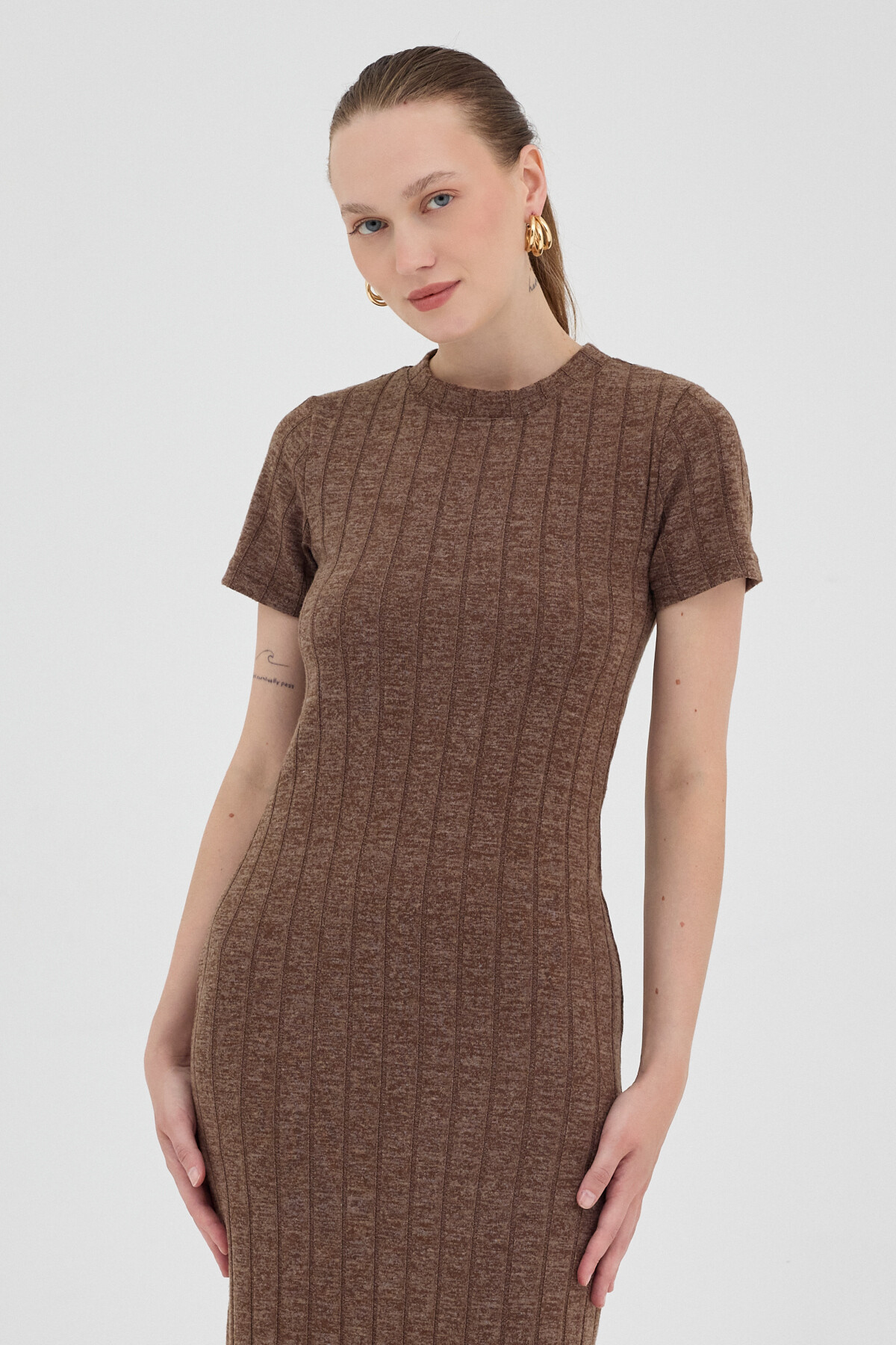 Kahve Fitilli Midi Triko Elbise 8131A - RAYS