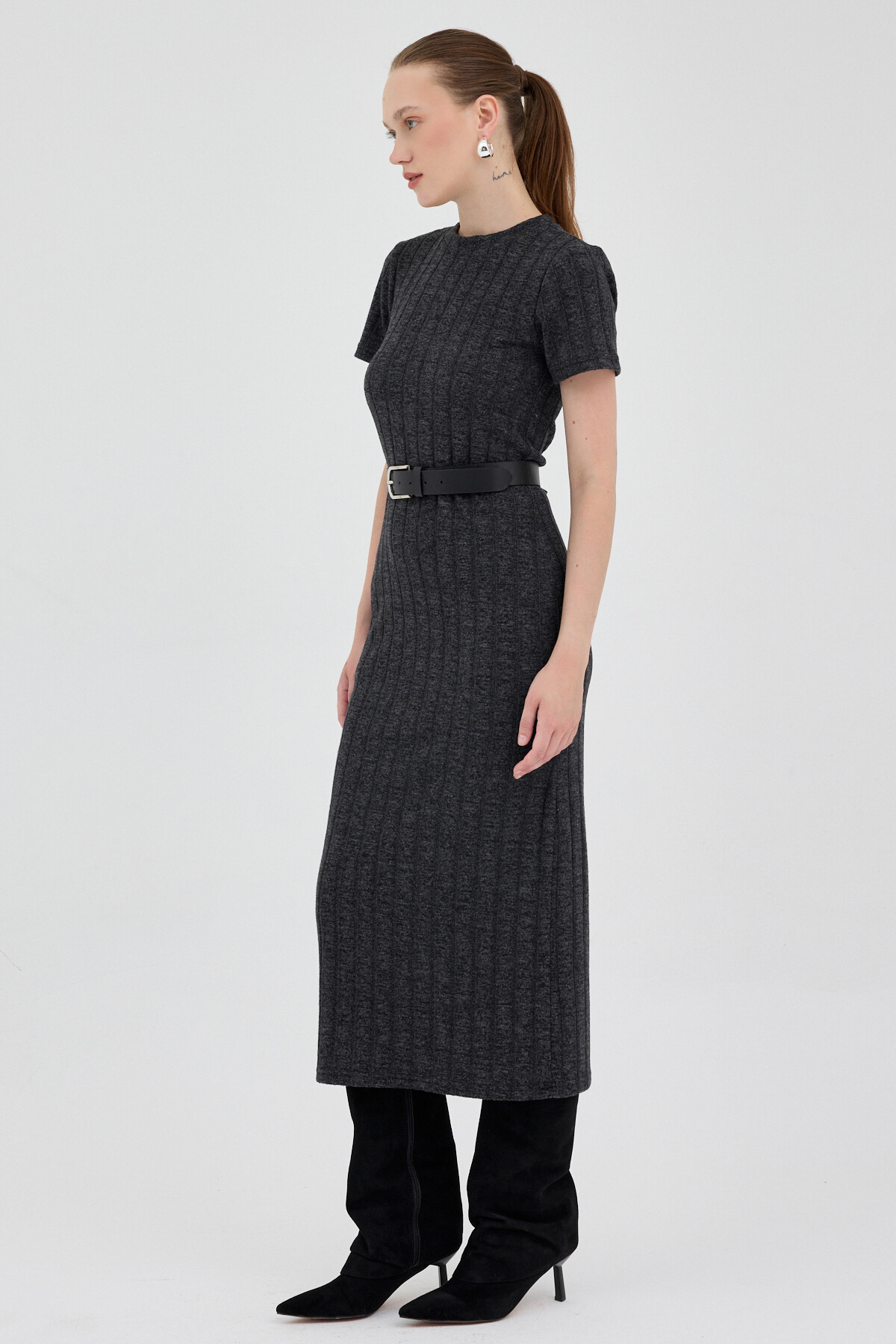 Siyah Fitilli Midi Triko Elbise 8131A - RAYS