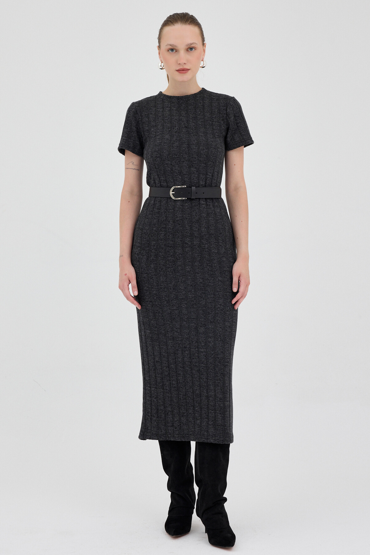 Siyah Fitilli Midi Triko Elbise 8131A - 1