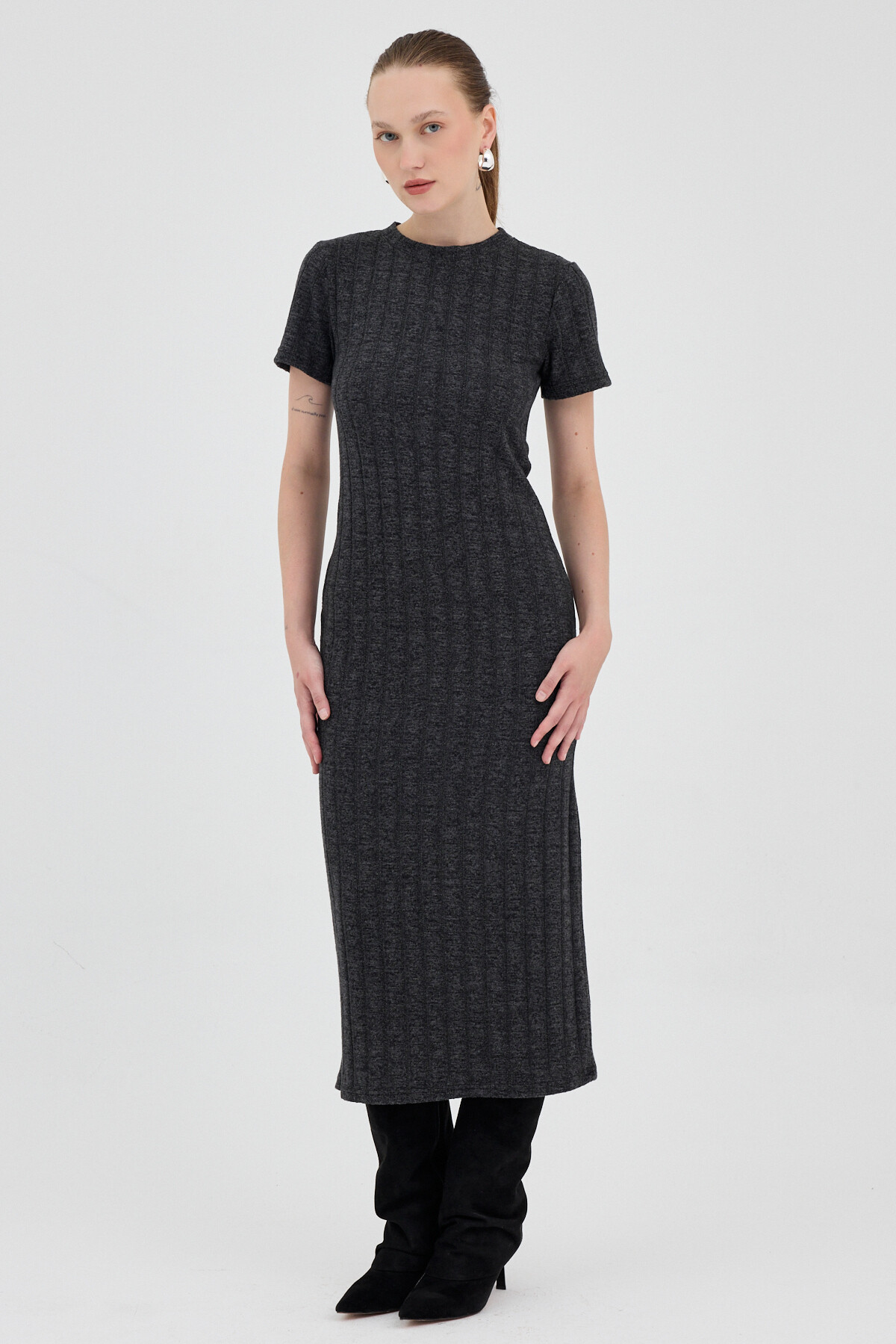 Siyah Fitilli Midi Triko Elbise 8131A - 2
