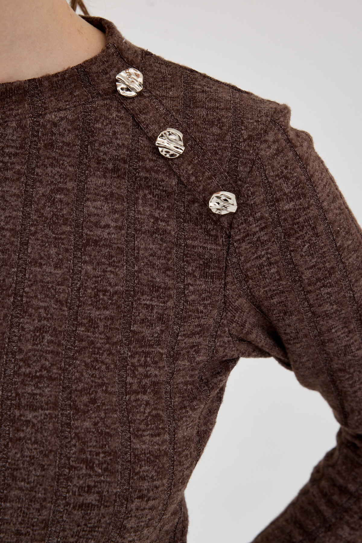 Kahve Düğme Detaylı Çizgili Triko Tunik 8132A - 4