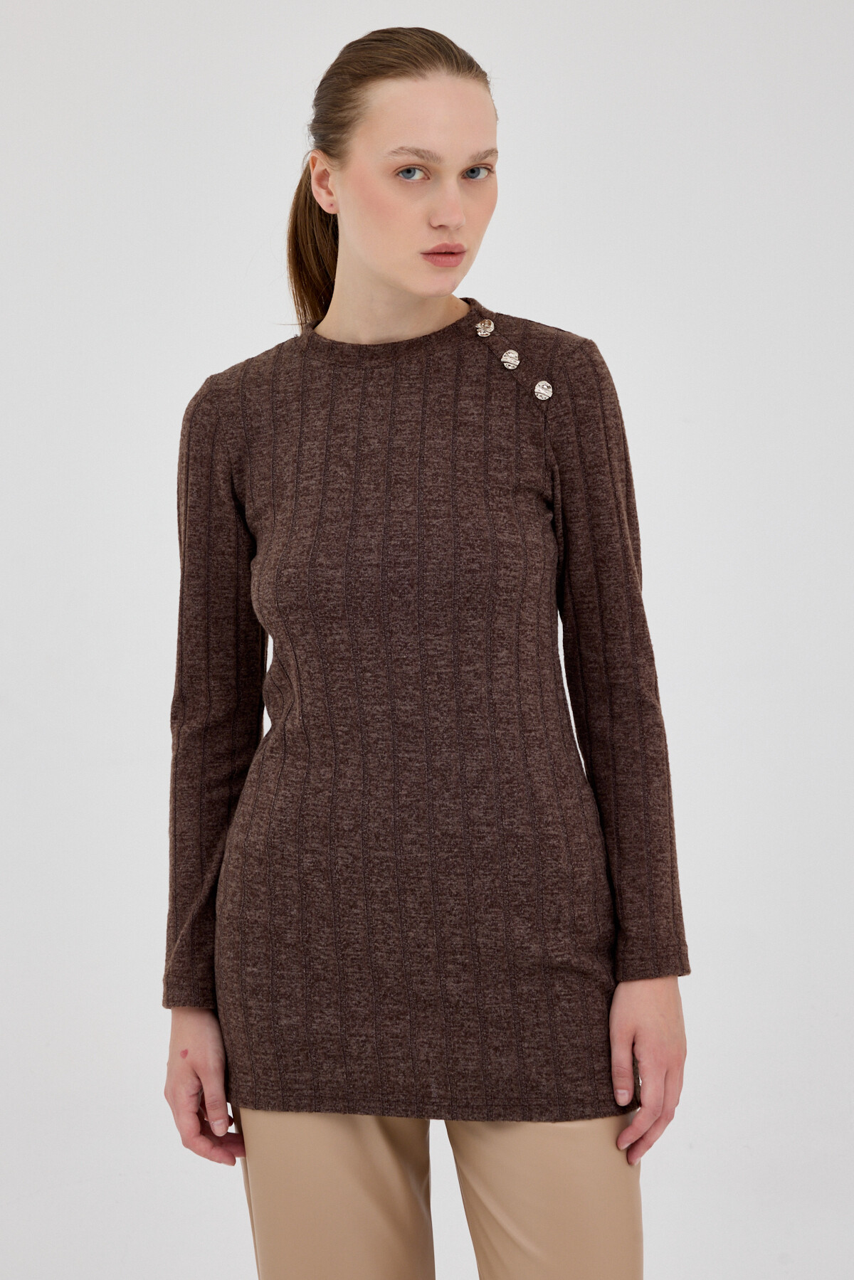 Kahve Düğme Detaylı Çizgili Triko Tunik 8132A - RAYS