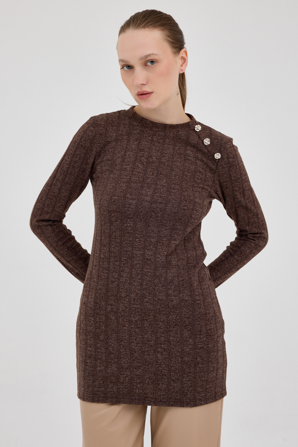 Kahve Düğme Detaylı Çizgili Triko Tunik 8132A - RAYS