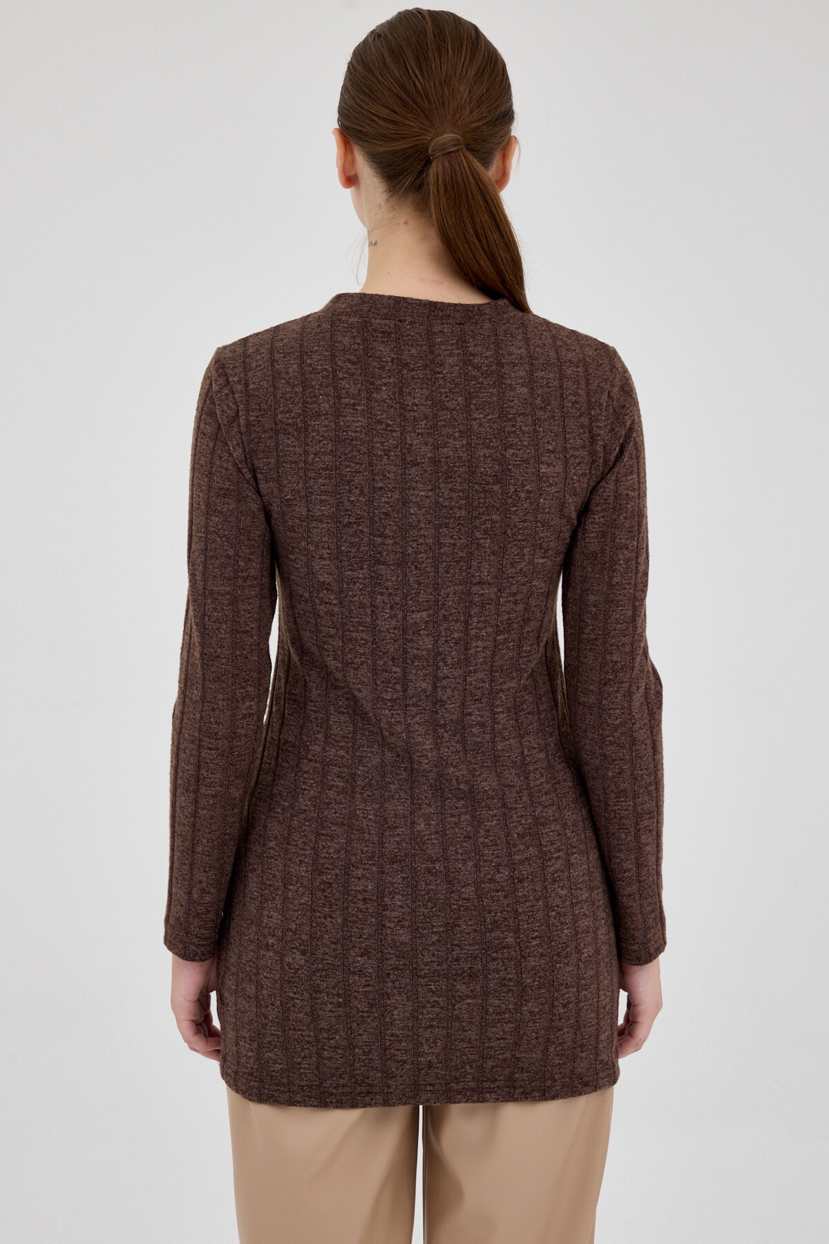 Kahve Düğme Detaylı Çizgili Triko Tunik 8132A - 5