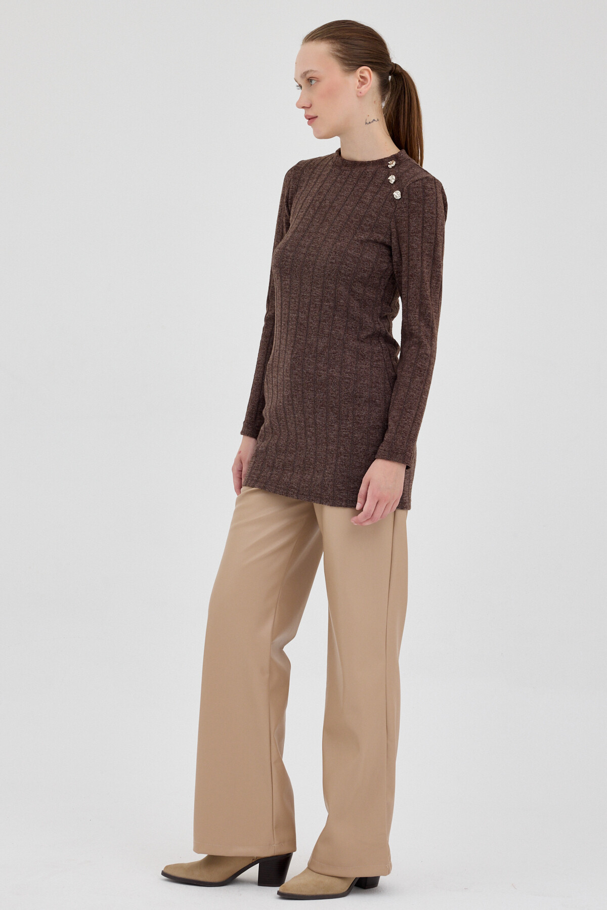 Kahve Düğme Detaylı Çizgili Triko Tunik 8132A - 3