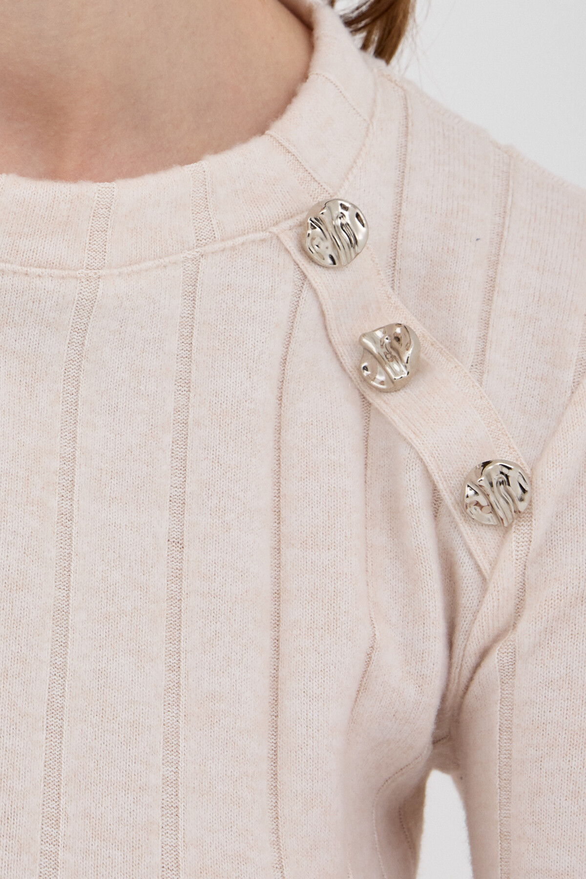 Bej Düğme Detaylı Çizgili Triko Tunik 8132A - 4