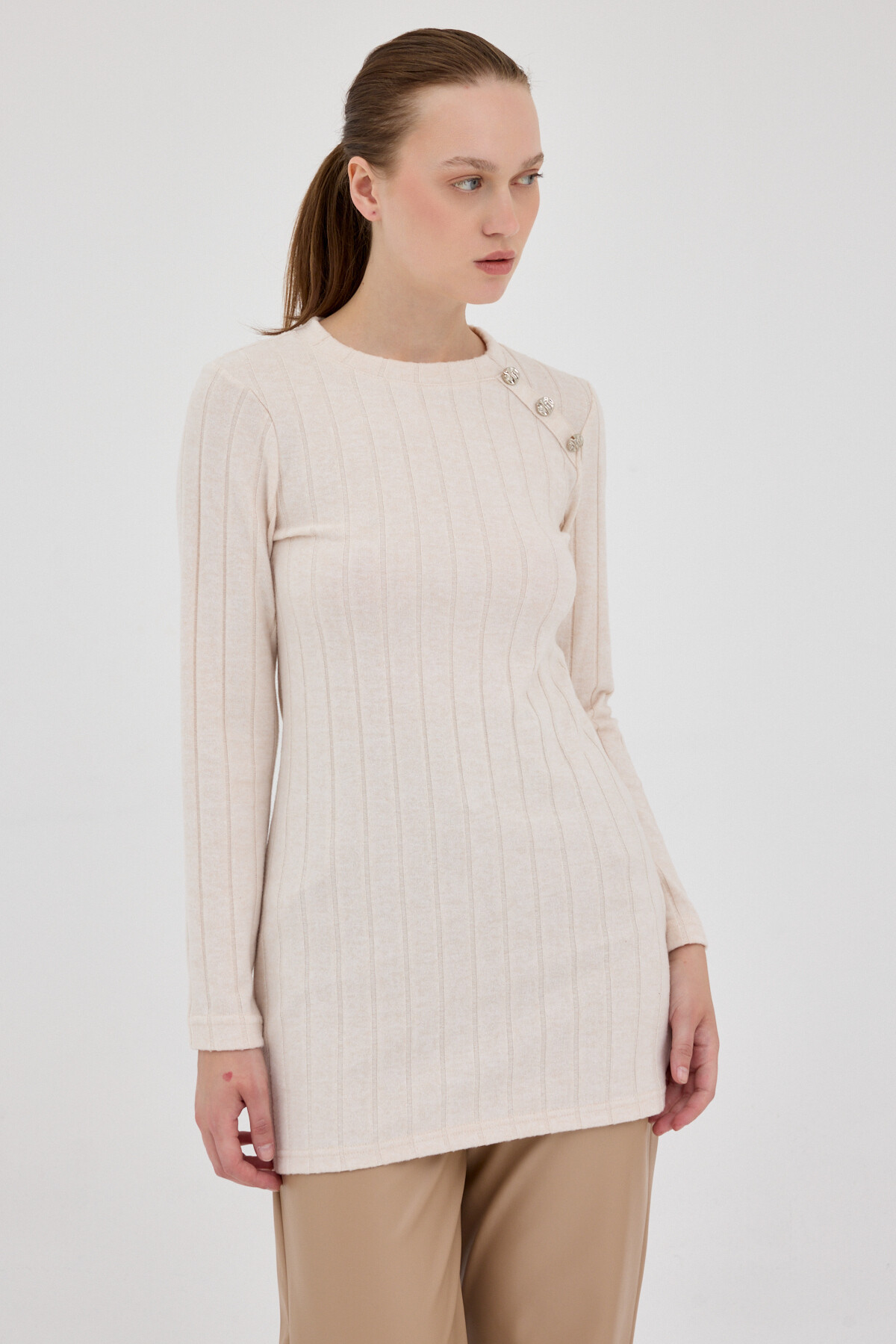 Bej Düğme Detaylı Çizgili Triko Tunik 8132A - RAYS (1)