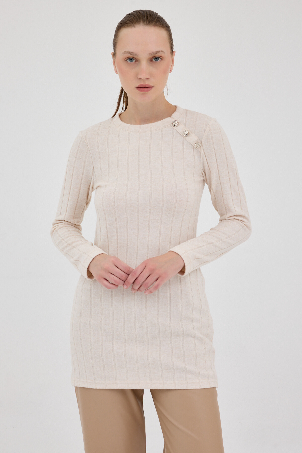 Bej Düğme Detaylı Çizgili Triko Tunik 8132A - 1