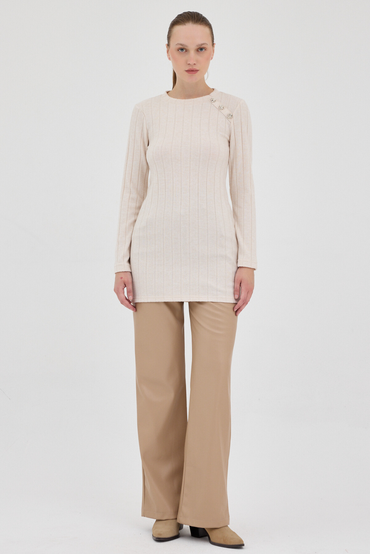 Bej Düğme Detaylı Çizgili Triko Tunik 8132A - 3