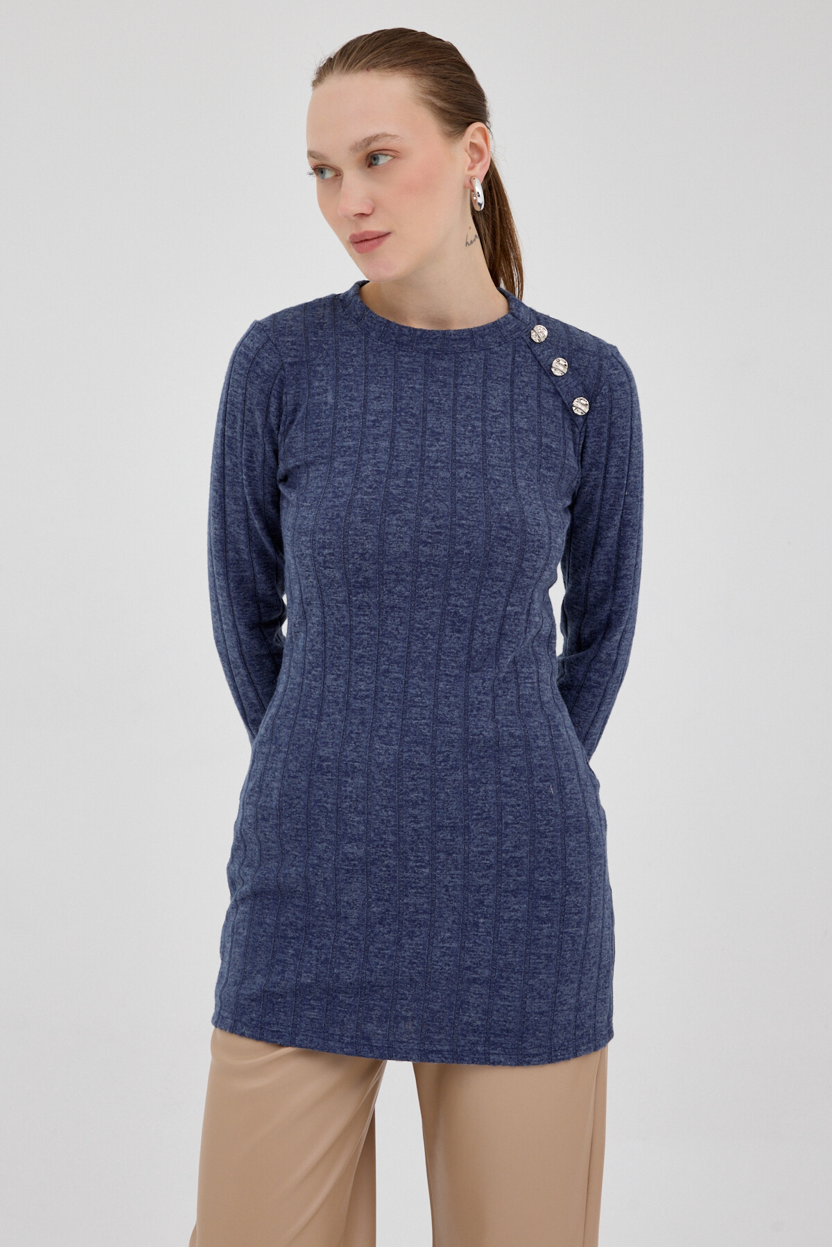 Laci Düğme Detaylı Çizgili Triko Tunik 8132A - 1