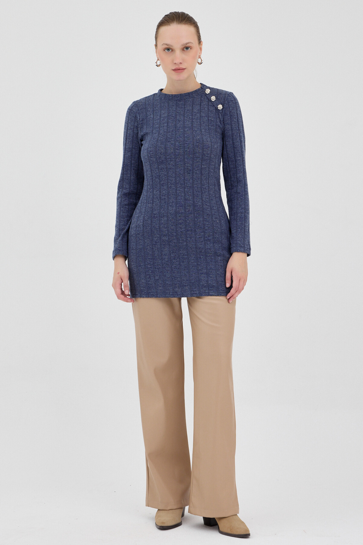 Laci Düğme Detaylı Çizgili Triko Tunik 8132A - 3