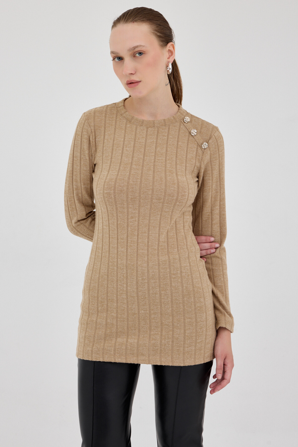 Vizon Düğme Detaylı Çizgili Triko Tunik 8132A - RAYS (1)