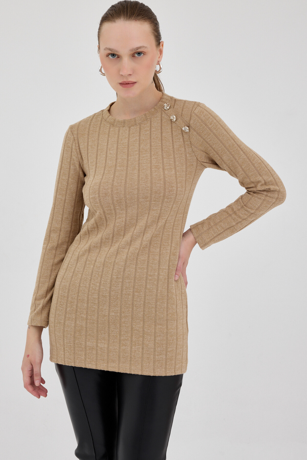 Vizon Düğme Detaylı Çizgili Triko Tunik 8132A - 1