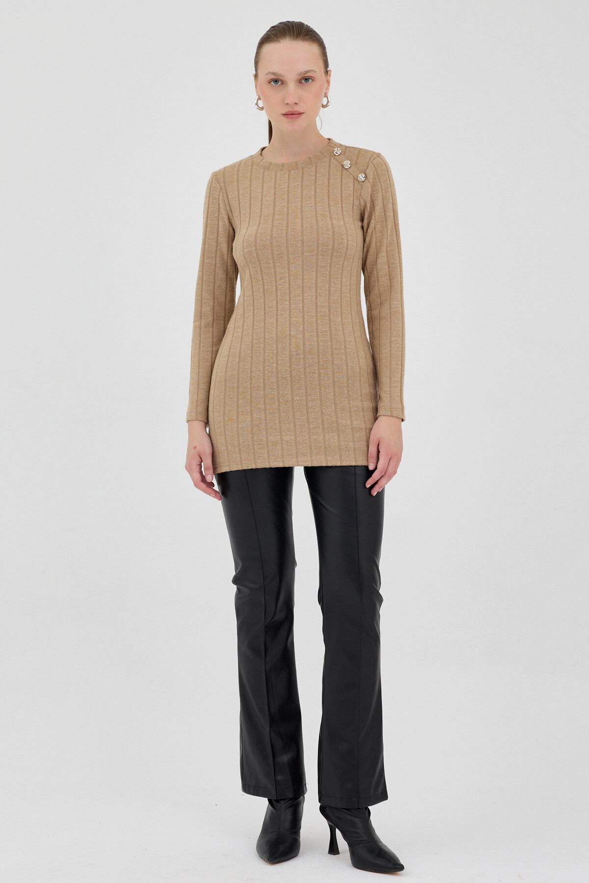 Vizon Düğme Detaylı Çizgili Triko Tunik 8132A - 3