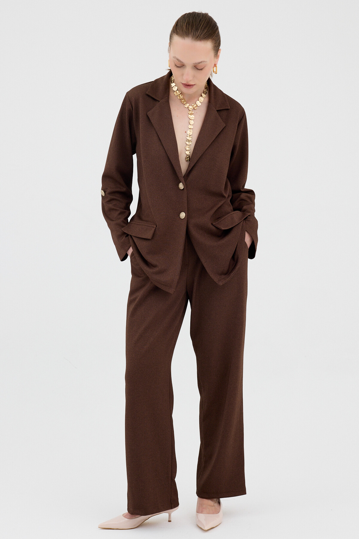 Kahve Kadın Ceket ve Pantolon Takımı 8134A - RAYS