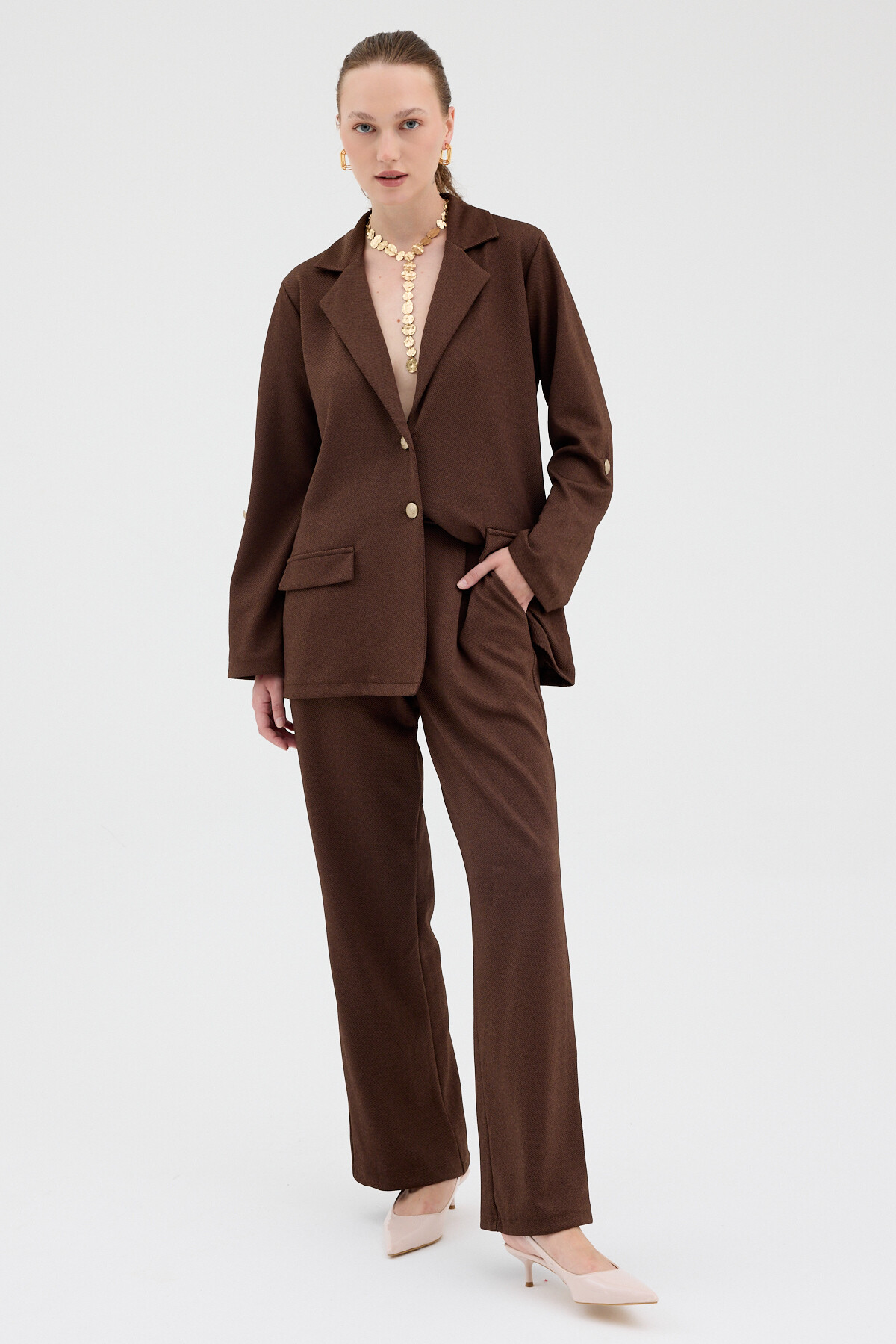 Kahve Kadın Ceket ve Pantolon Takımı 8134A - 6