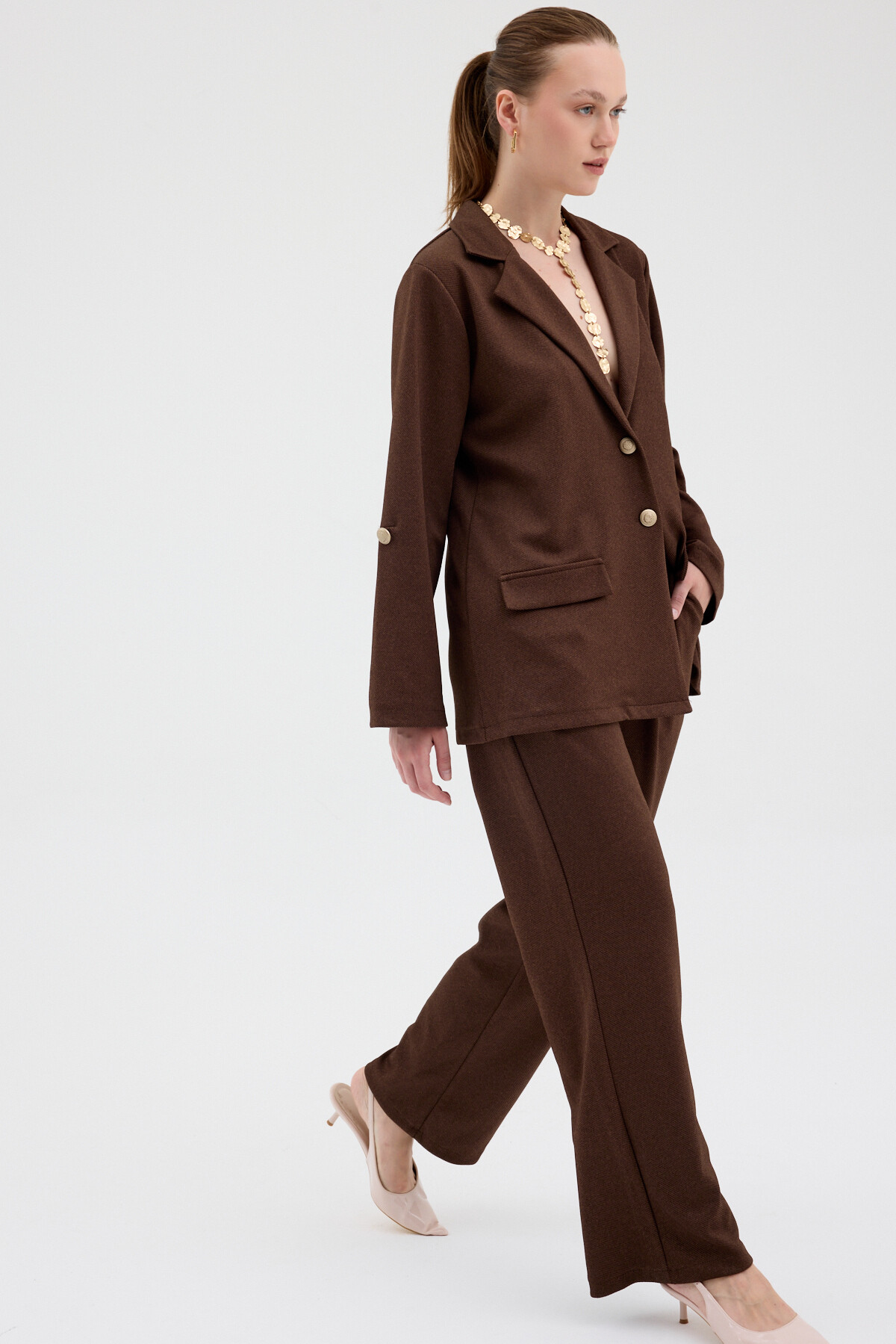 Kahve Kadın Ceket ve Pantolon Takımı 8134A - 7