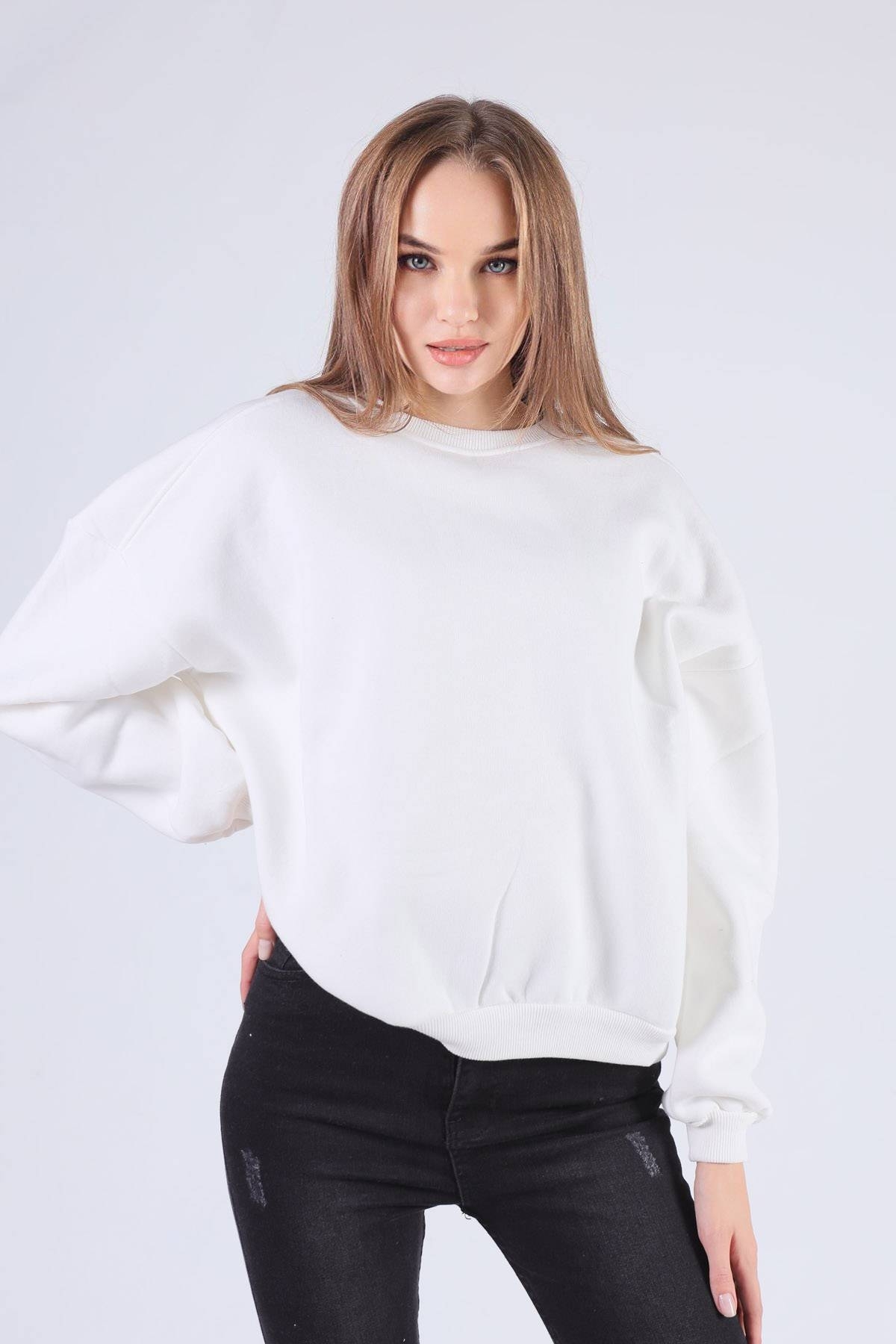 Ekru Oversize Bisiklet Yaka Sweat 8138M - 2