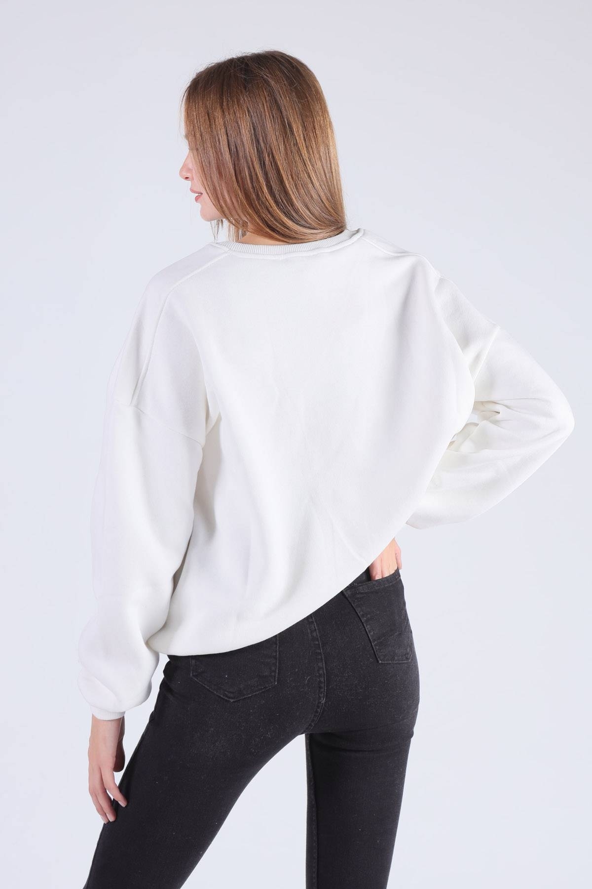 Ekru Oversize Bisiklet Yaka Sweat 8138M - 3
