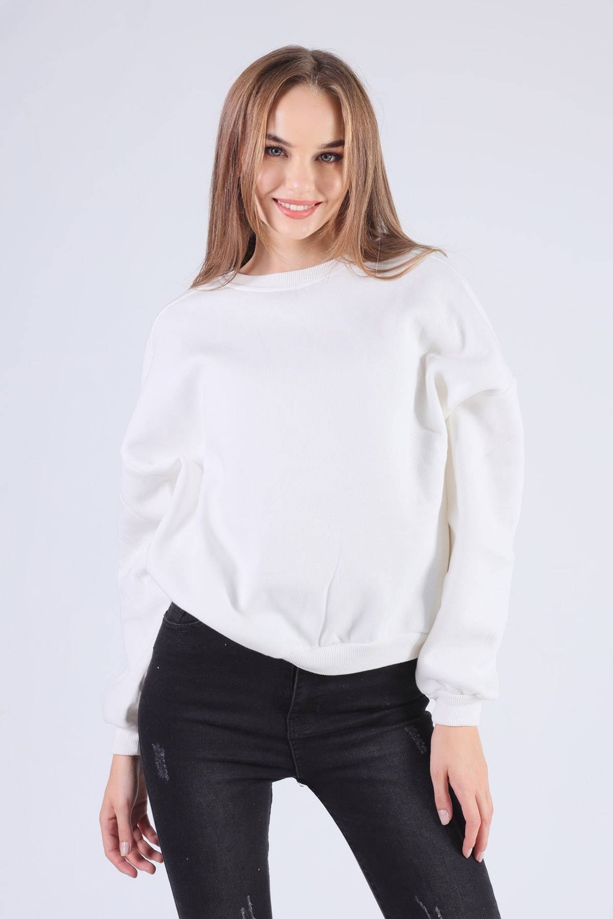 Ekru Oversize Bisiklet Yaka Sweat 8138M - 1