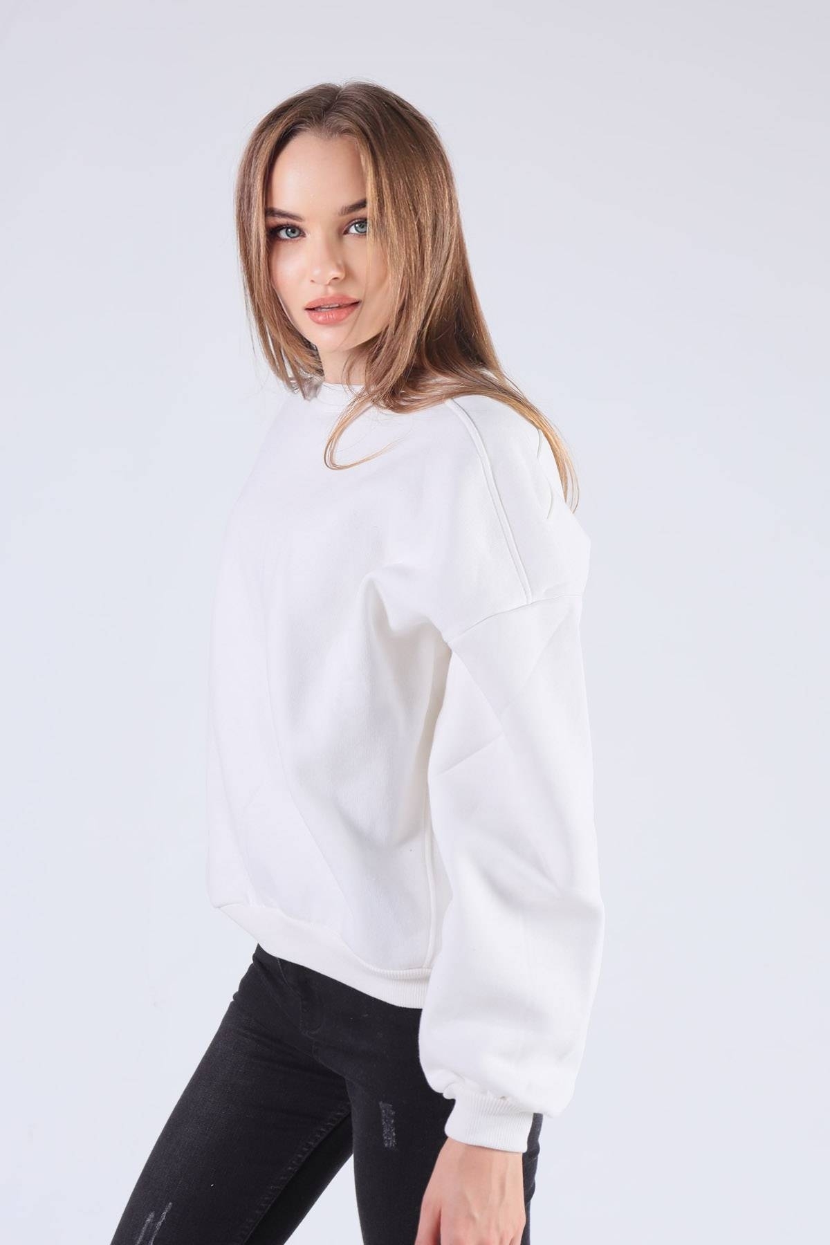 Ekru Oversize Bisiklet Yaka Sweat 8138M - 4