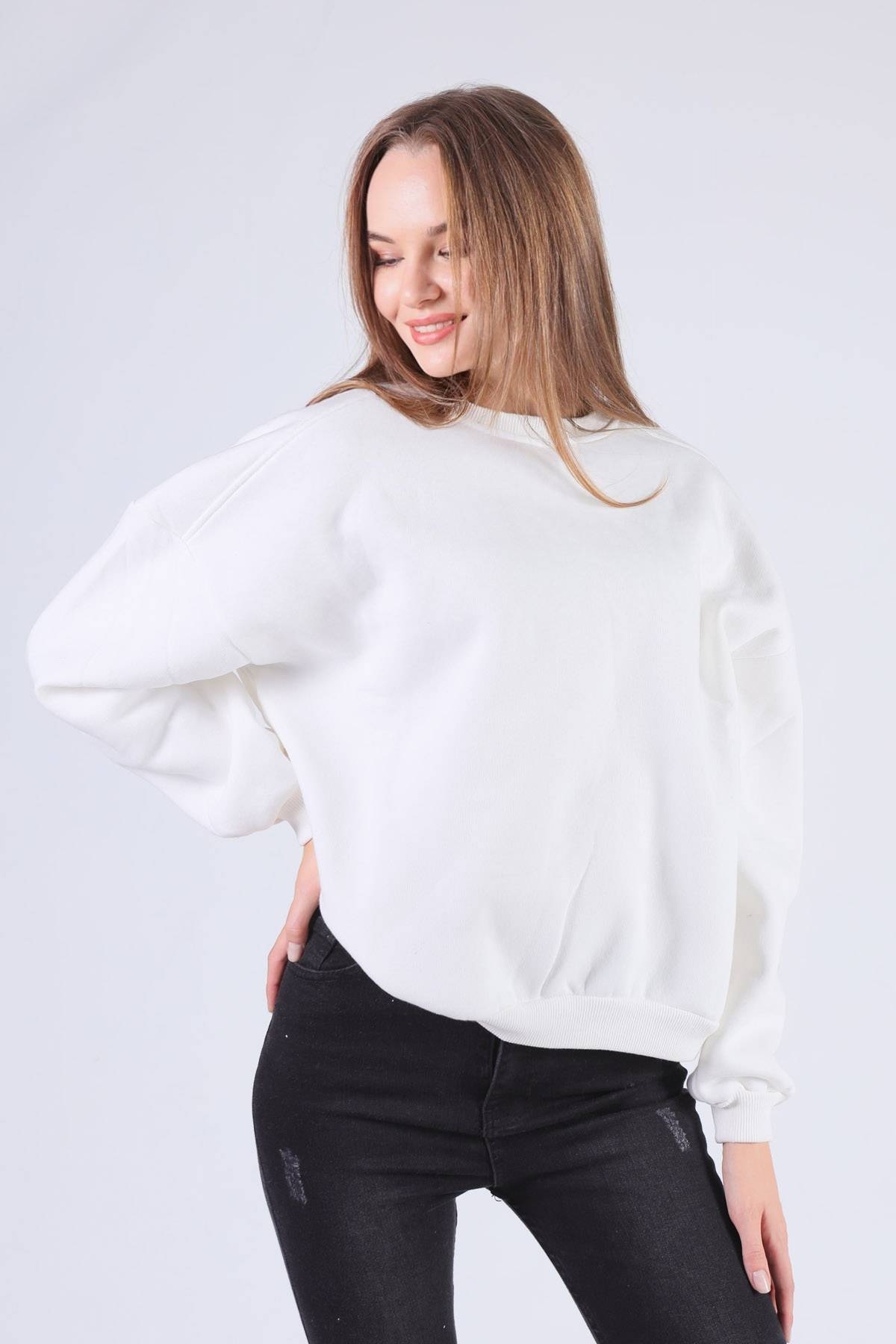 Ekru Oversize Bisiklet Yaka Sweat 8138M - 5
