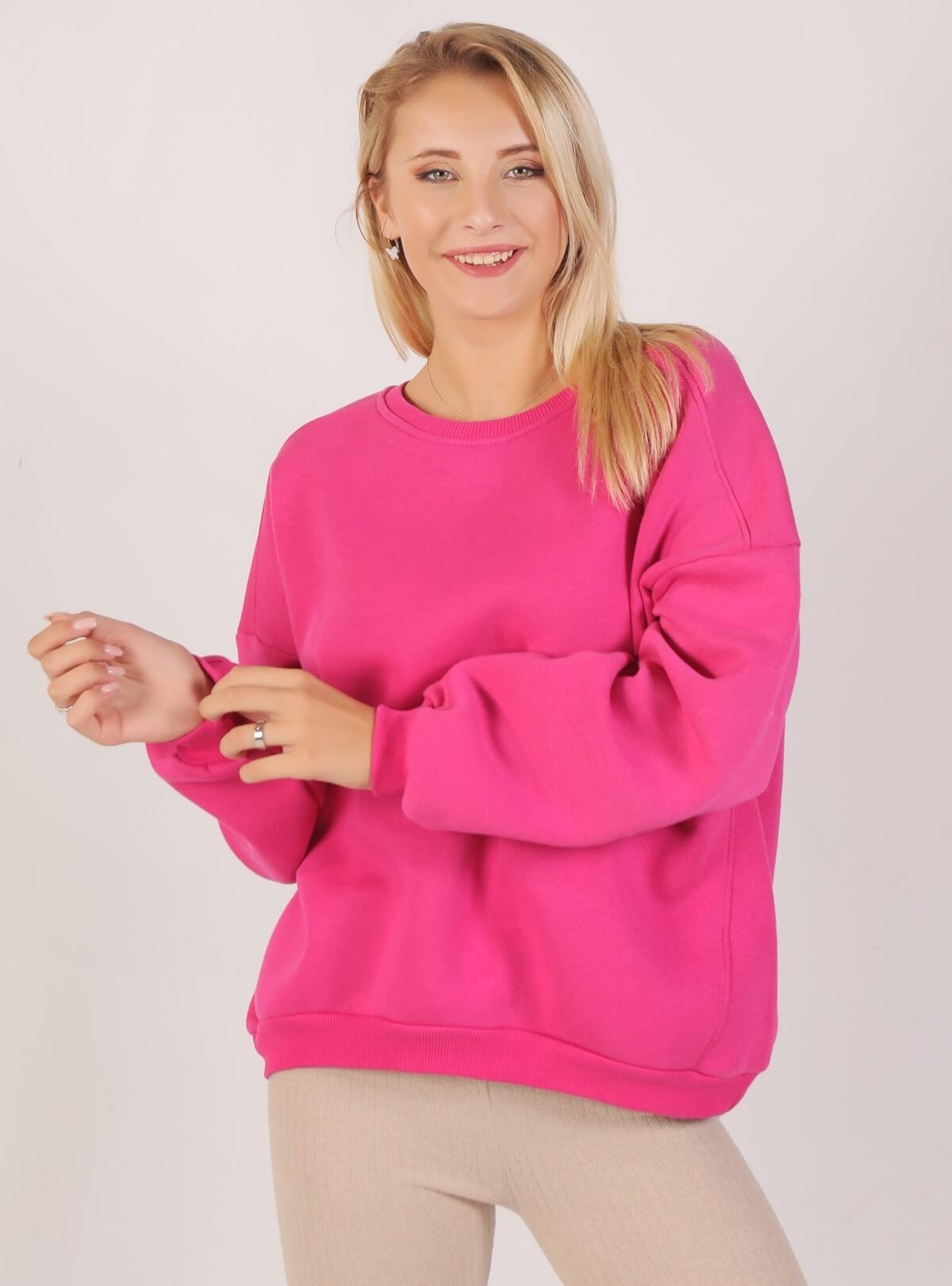 8138M Oversize Bisiklet Yaka Sweat Fuşya - 1
