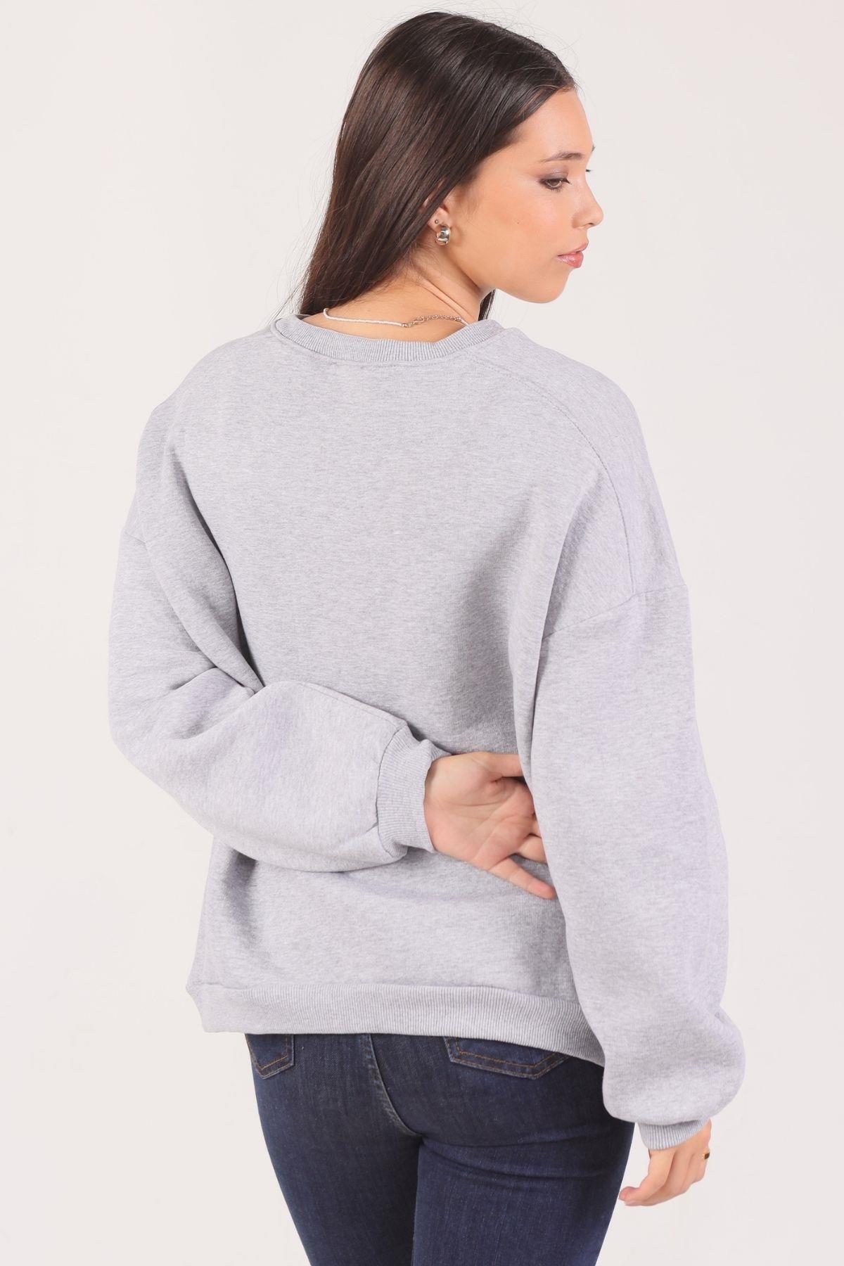 Gri Oversize Bisiklet Yaka Sweat 8138M - 4