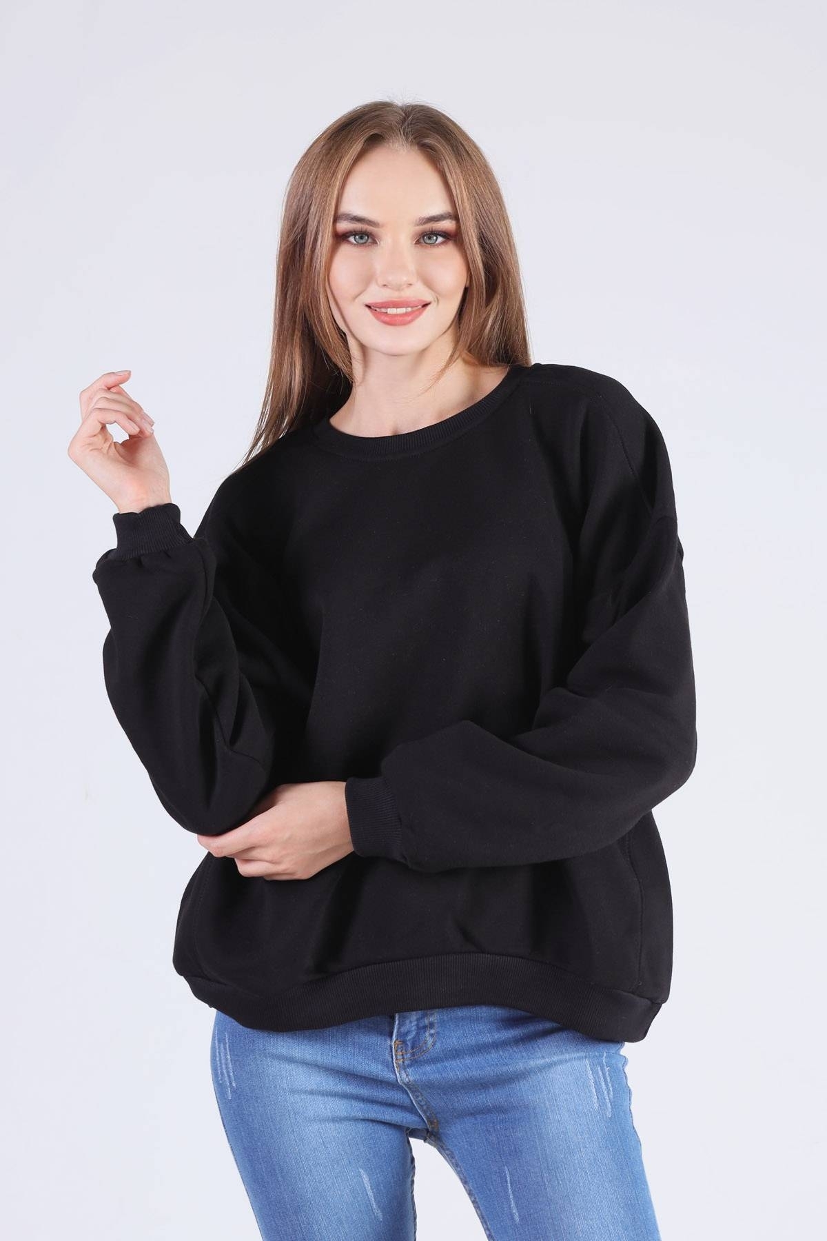 Siyah Oversize Bisiklet Yaka Sweat 8138M - 1