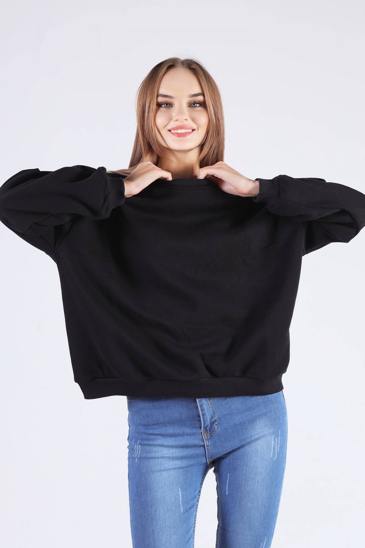Siyah Oversize Bisiklet Yaka Sweat 8138M - 2