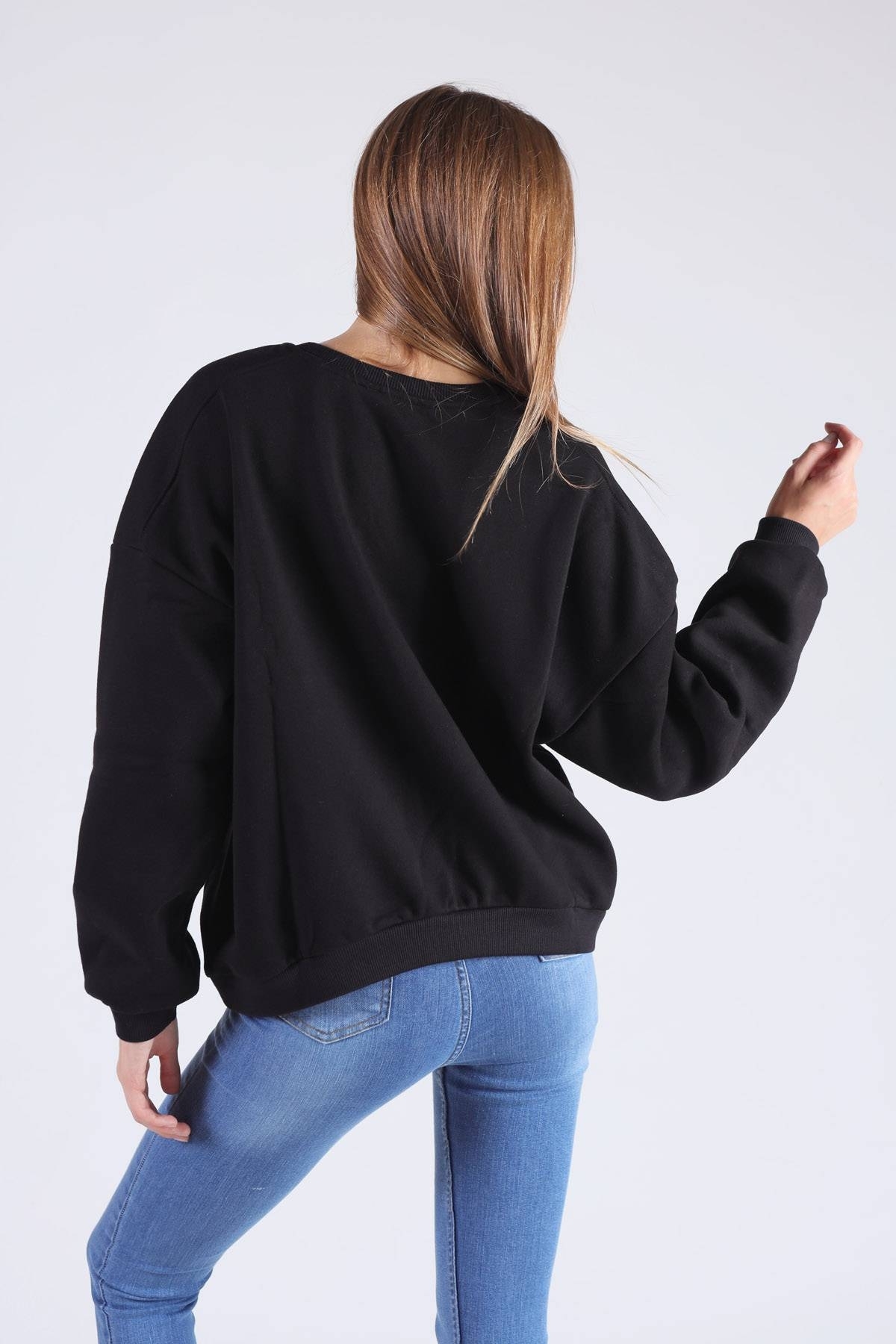 Siyah Oversize Bisiklet Yaka Sweat 8138M - 3