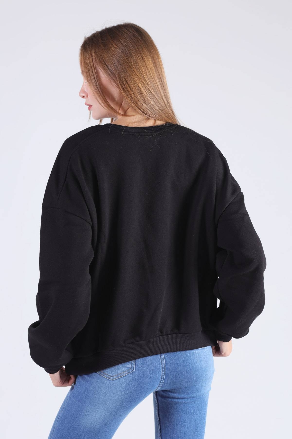 Siyah Oversize Bisiklet Yaka Sweat 8138M - 4