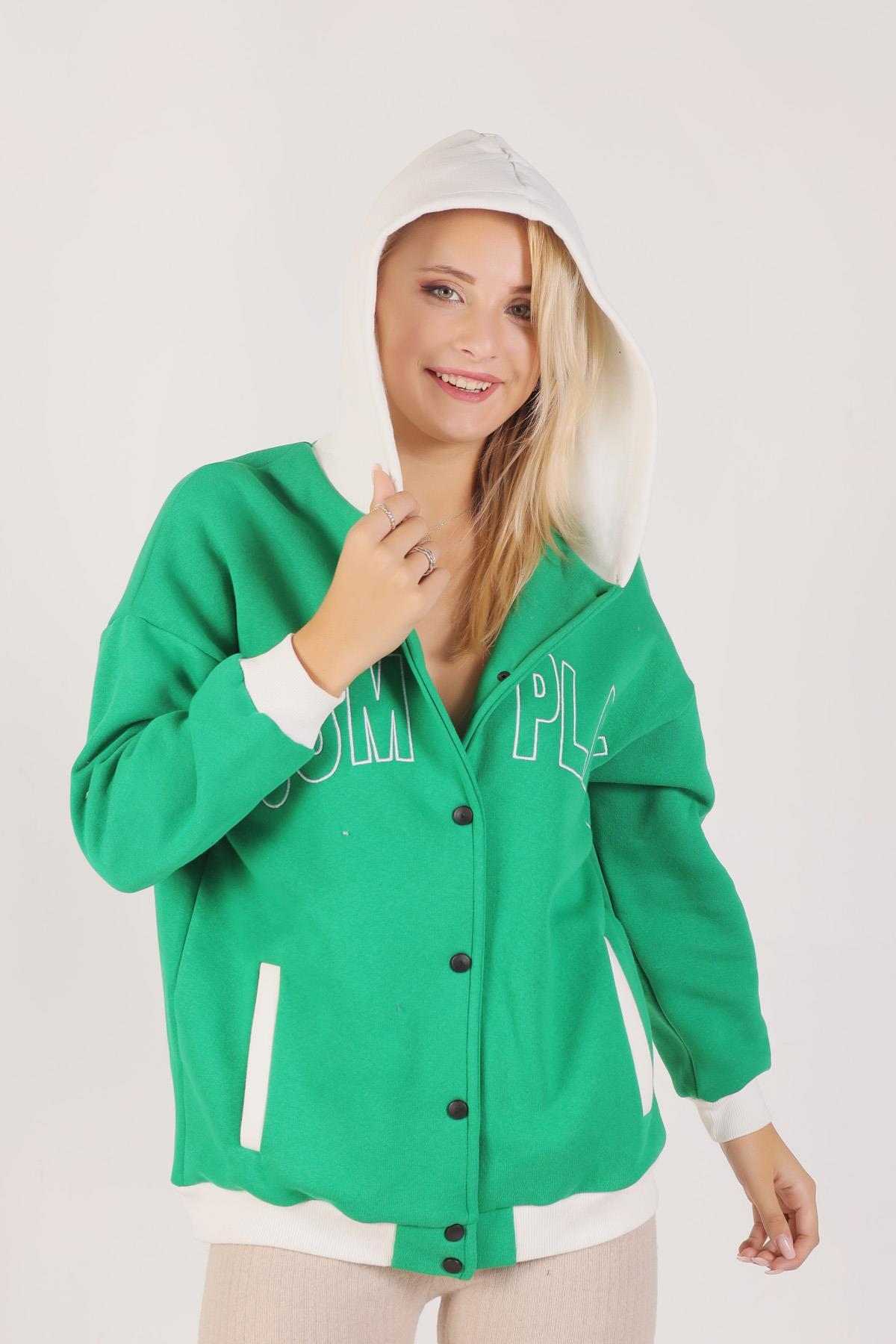 Benetton Yeşili Complex Baskı Kapüşonlu Sweat 8143M - 5