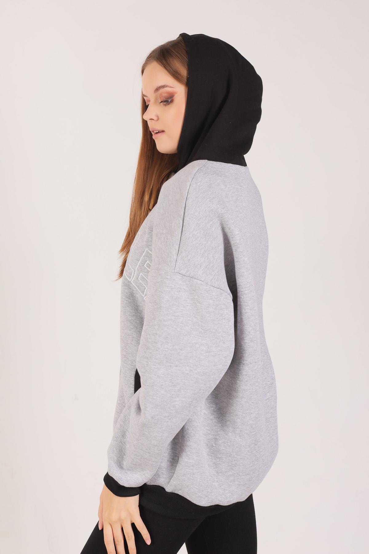 Gri Complex Baskı Kapüşonlu Sweat 8143M - 5