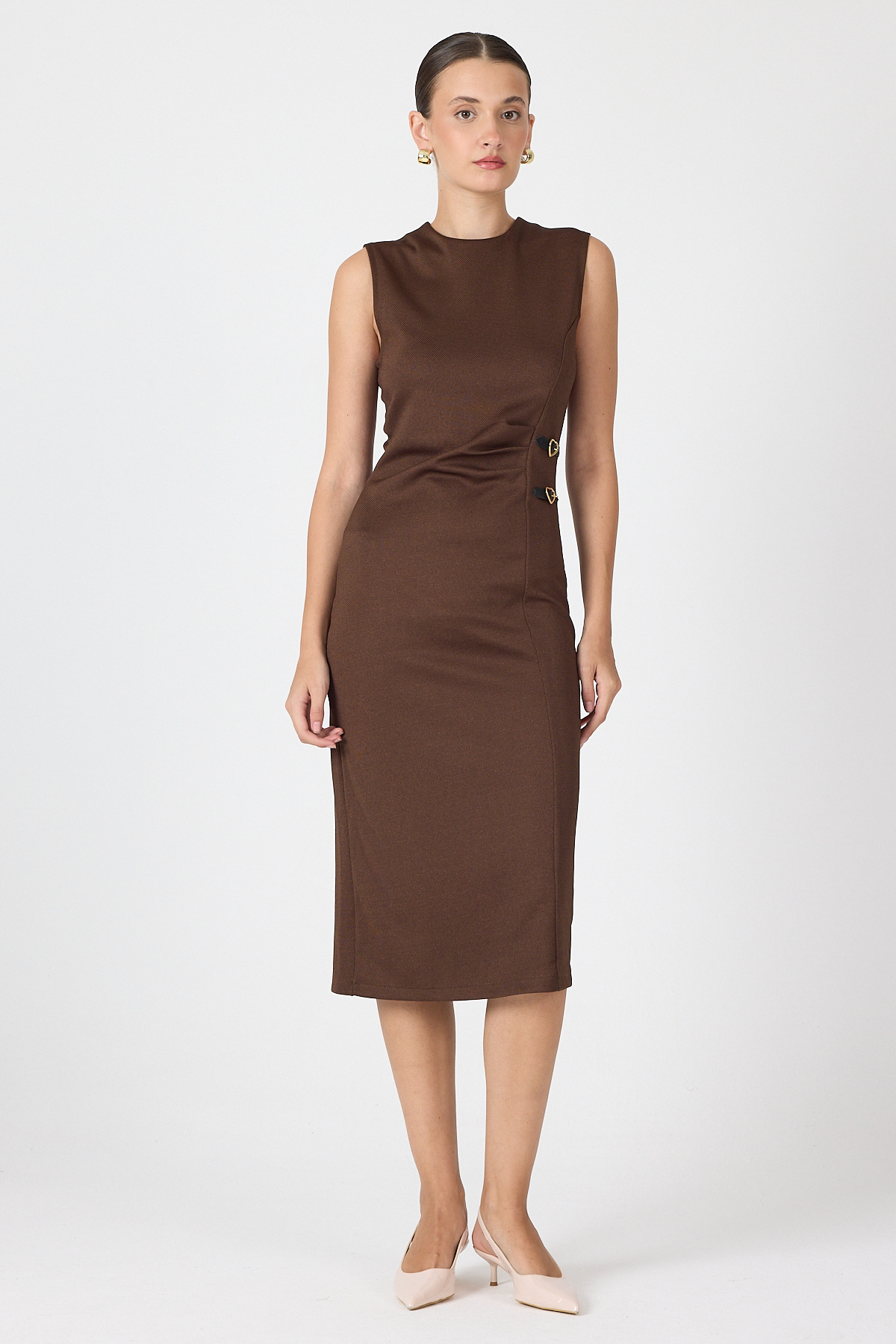 Kahve Gri Kalp Tokalı Midi Elbise 8144A - RAYS