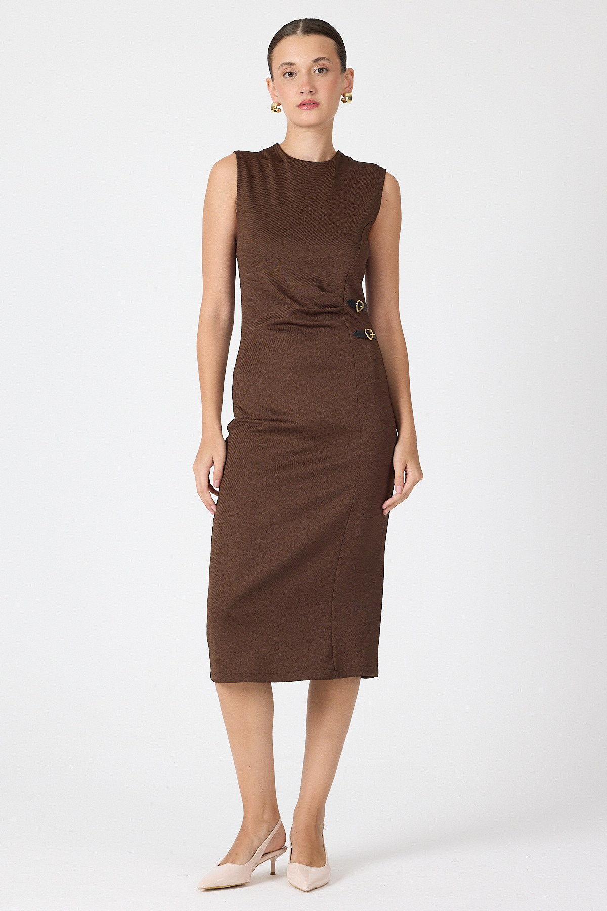 Kahve Gri Kalp Tokalı Midi Elbise 8144A - RAYS