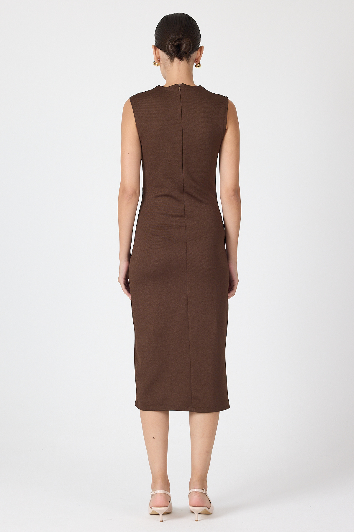 Kahve Gri Kalp Tokalı Midi Elbise 8144A - 5