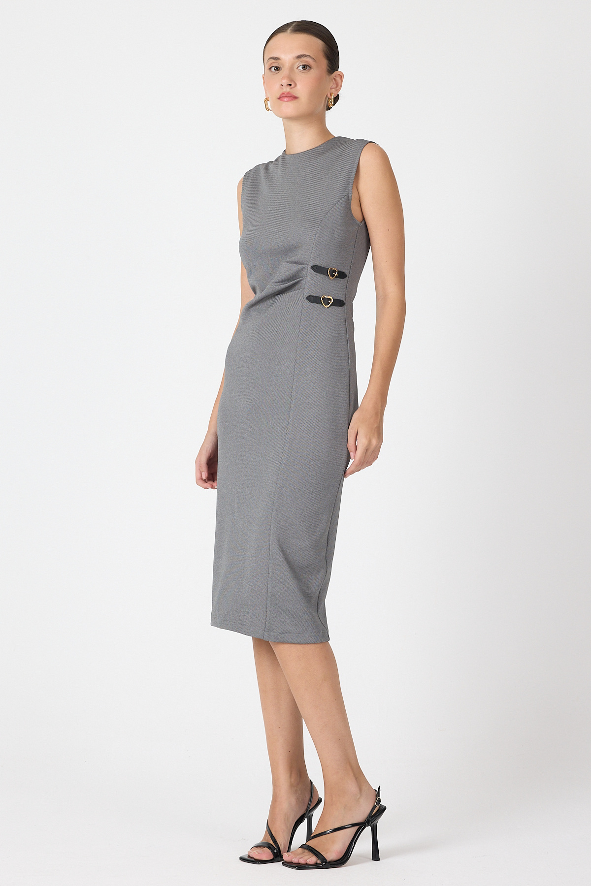 Antrasit Gri Kalp Tokalı Midi Elbise 8144A - RAYS